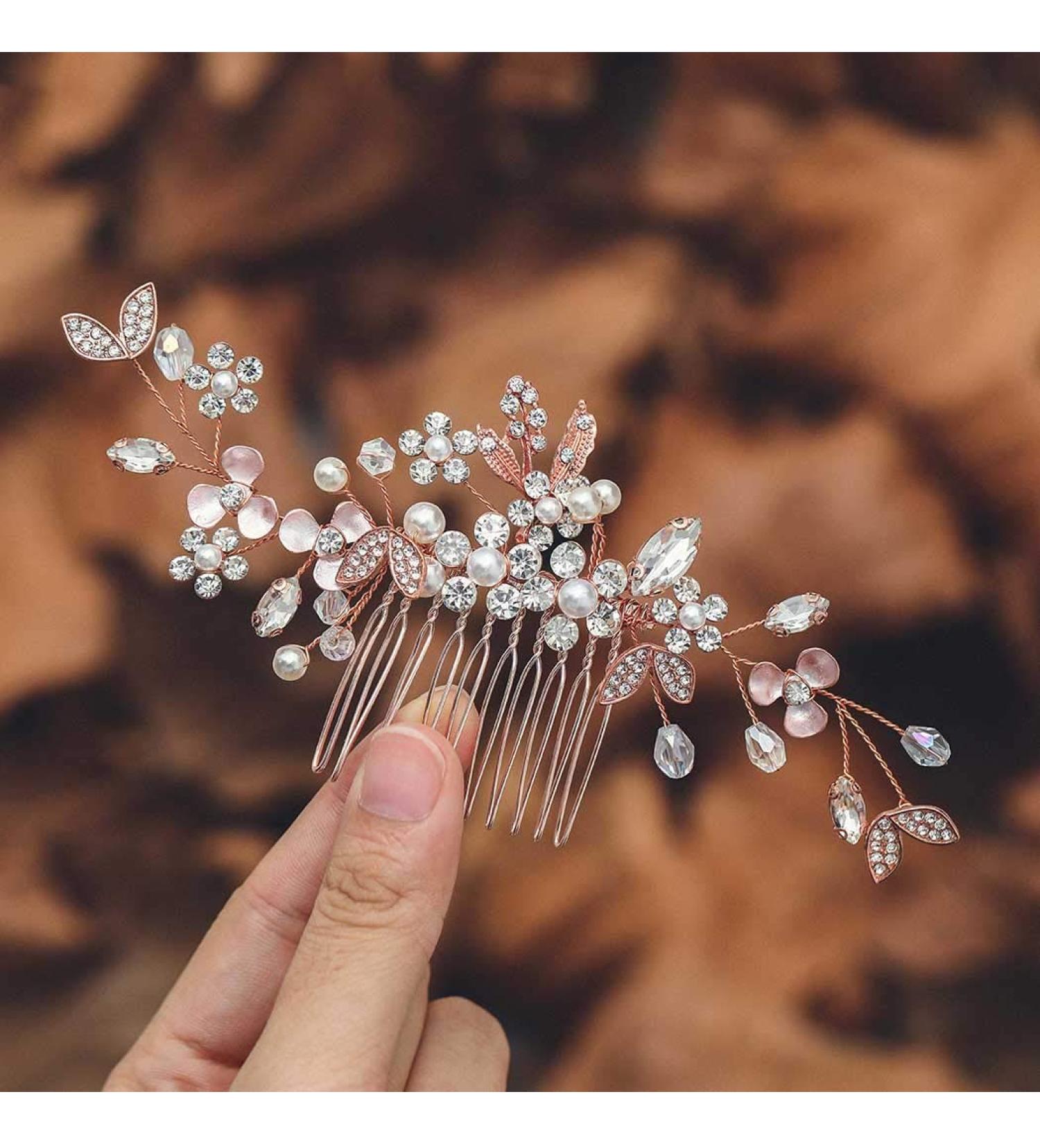 Crystal Rhinestone Bridal Hair Comb - Rose Gold Wedding Hair Accessories for Women - Buy Online on GoSupps.com