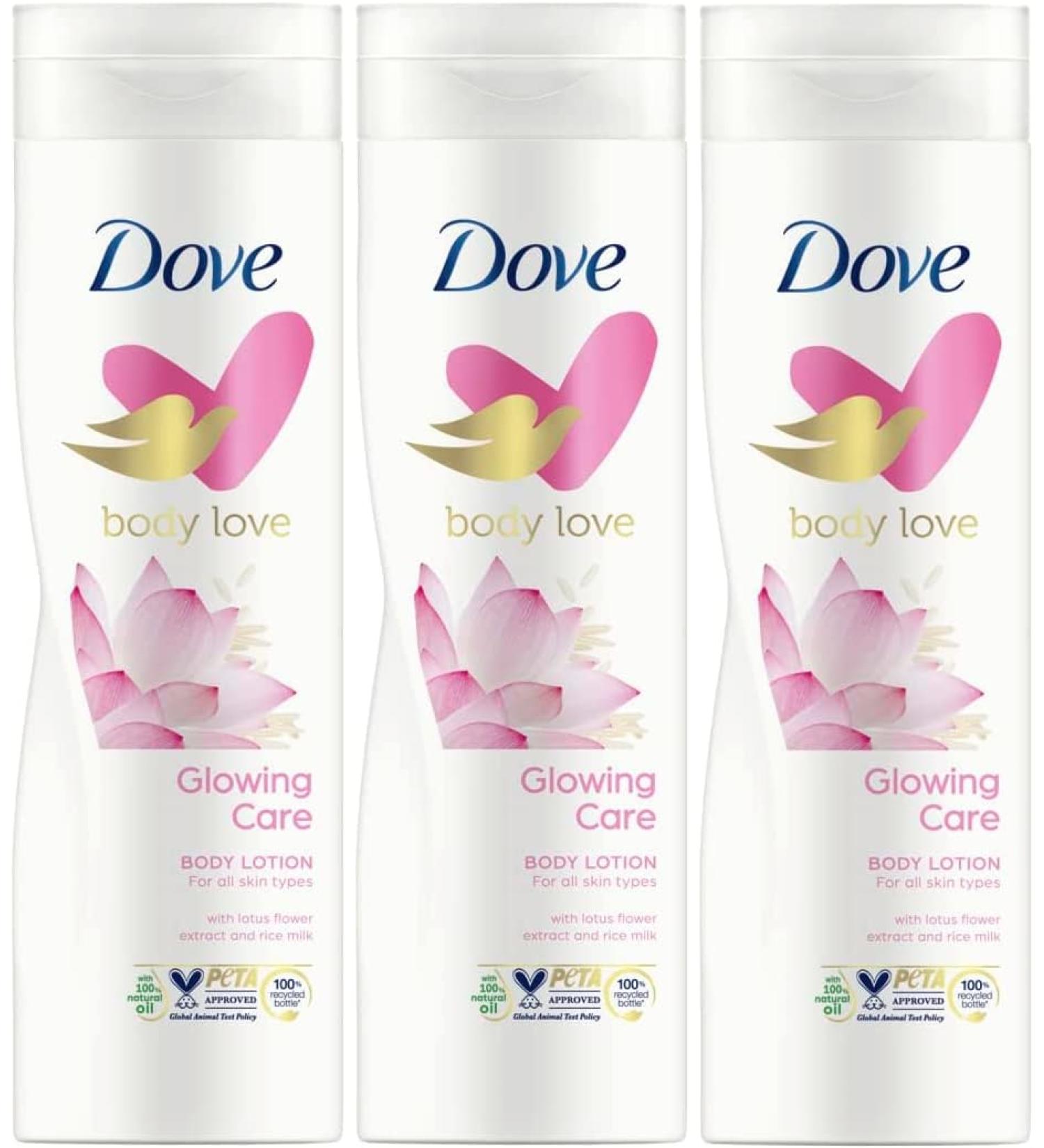 Dove Glowing Body Lotion - Body Moisturiser Women Cream for Dry Skin with Rice Milk & Lotus Flower for Radiant Silky Soft Skin - Body Lotion Moisturiser All Skin Types 3x250 ml + Cheeroo Magnet - Buy Online on GoSupps.com