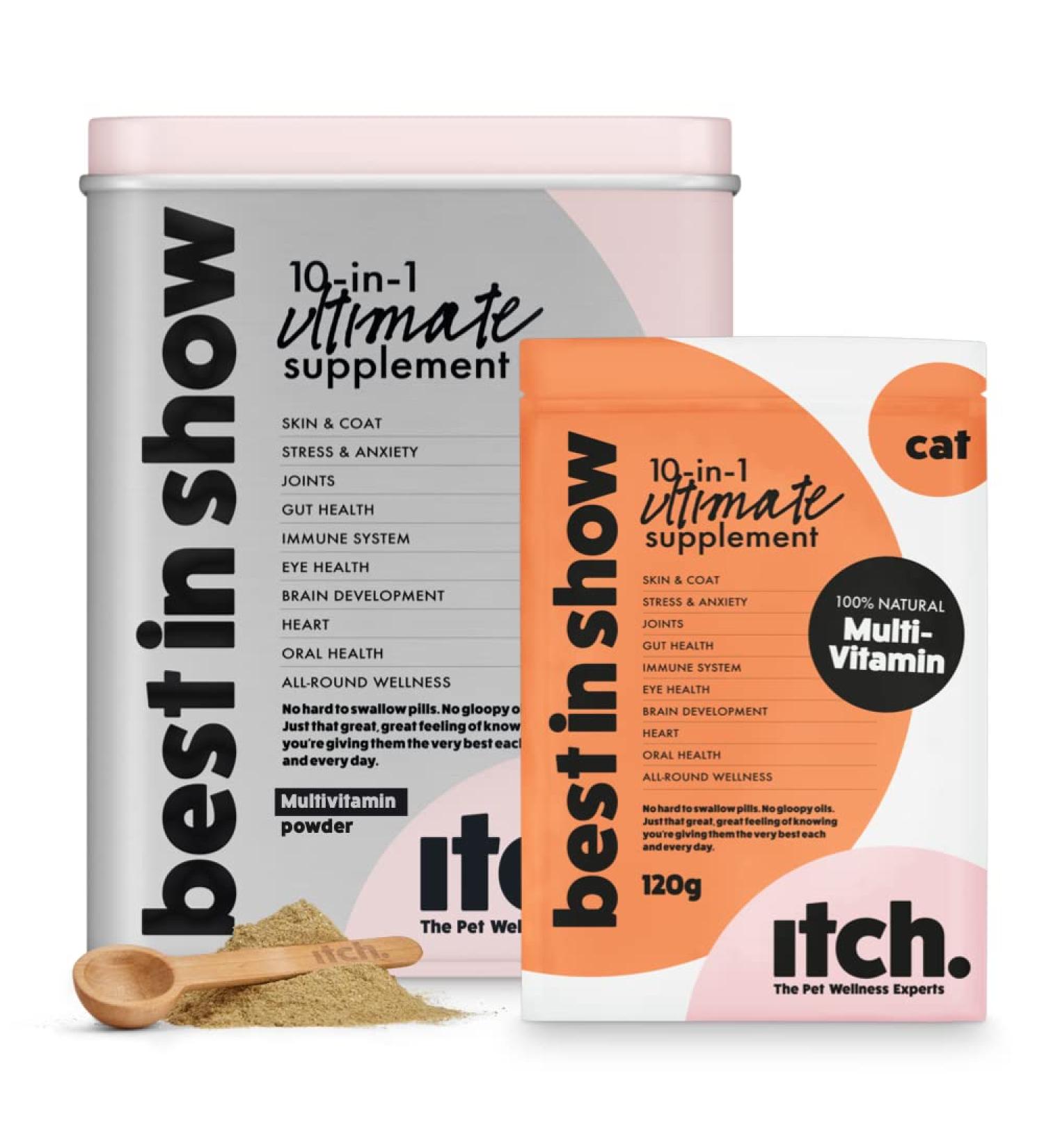 Itch Cat Multivitamin Powder Supplement Best In Show Jumbo Pack (120g) - 100% Natural Ingredients Targeting the Top 10 Wellness Areas for All Cat Breeds - tin and Refill Tin & Single Refill Pouch - Buy Online on GoSupps.com