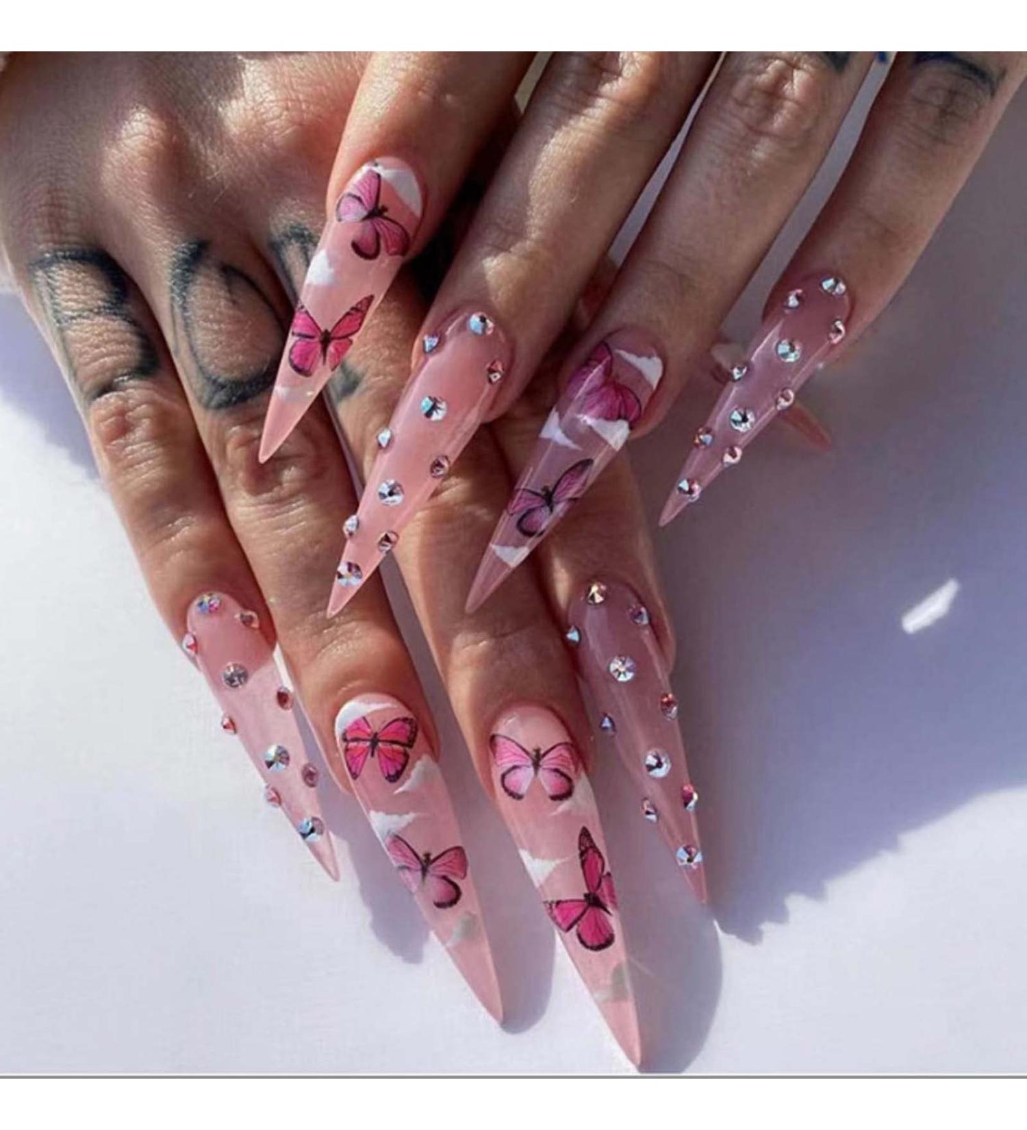 Kamize Pink Bling Stiletto Press on Nails - 24PCS Long Full Cover Acrylic Butterfly False Nails for Women and Girls - Buy Online on GoSupps.com