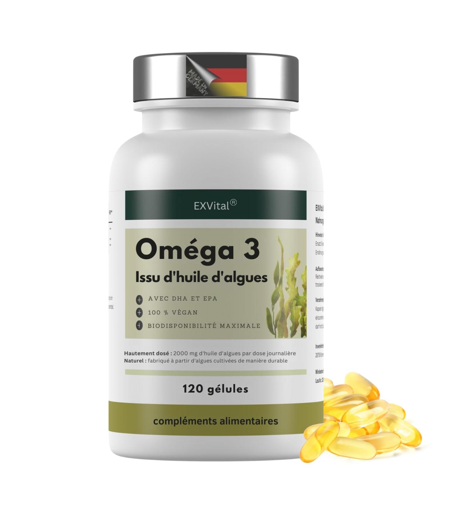 EXVital Om ga 3 base d'huile d'algues v g talien 120 g lules 2000 mg 600 mg de DHA et 300 mg d'EPA par jour issu d'algues durables hautement dos et test en laboratoire - Buy Online on GoSupps.com