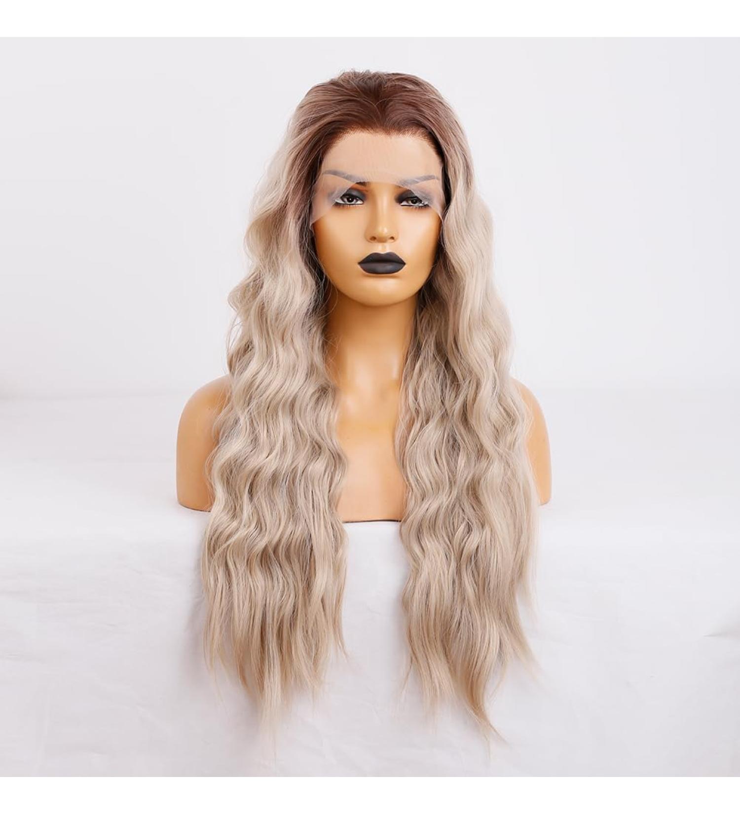 Buy Green Mir Long Corrugated Ash Blonde Pointed Front Wig - 24in 13x3 Lace Dark Root Heat-Resistant Synthetic Fiber for Women | Ombre Lace Front Replacement Wig - Buy Online on GoSupps.com