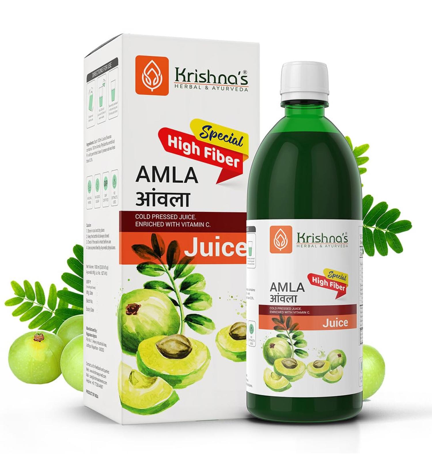 Krishna's Special Amla High Fiber Juice - 1000 ml | Fresh cold pressed Amla Juice | Helps Boosts Skin and Hair Health | Helps Detox | Rich in Vitamin C | Natural Immunity Booster - Buy Online on GoSupps.com