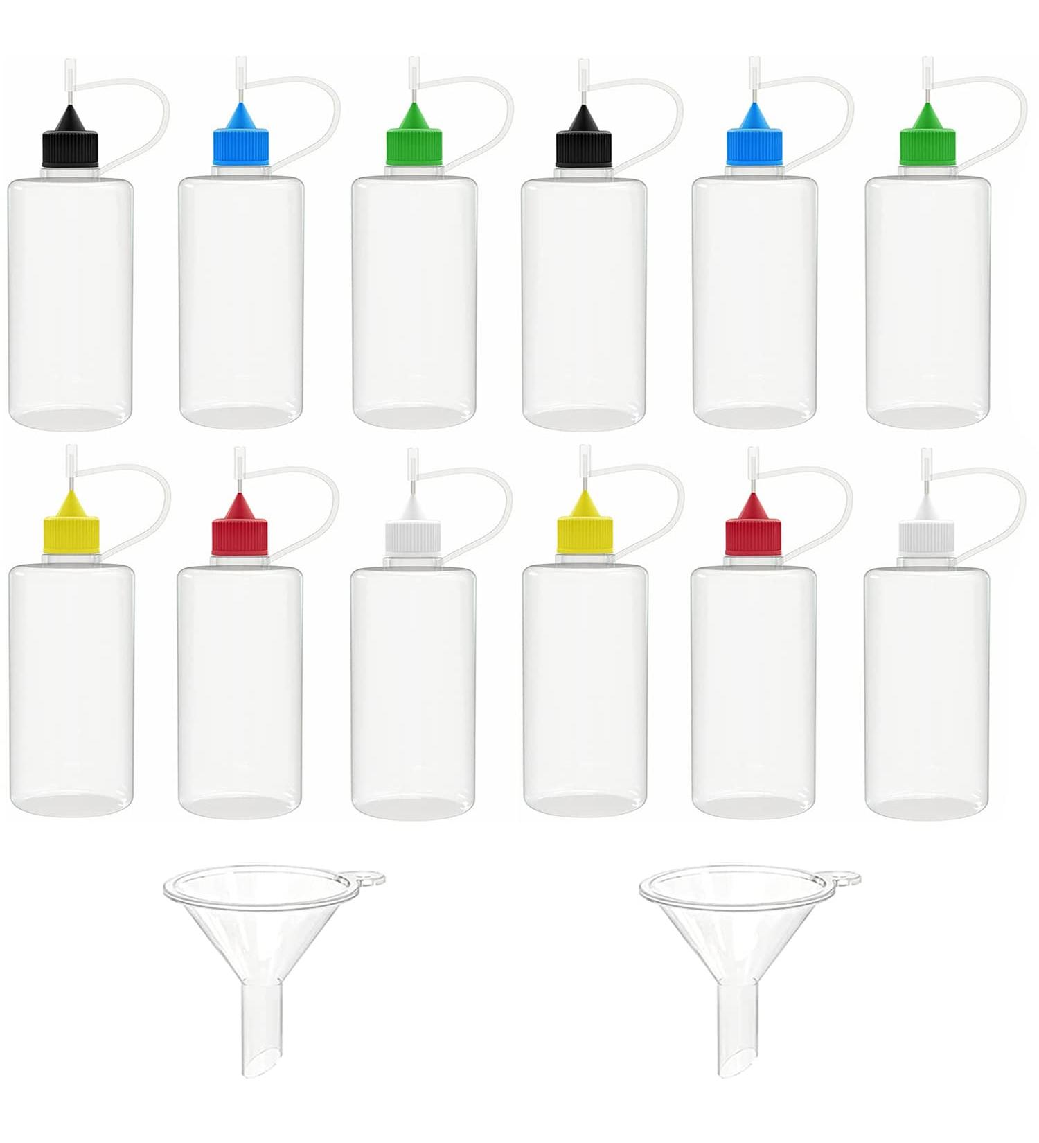 12 Pcs 1oz Precision Applicator Bottles with Mini Funnels - Ideal for Paint, Quilling, Crafts - Multicolor Lids - Buy Online on GoSupps.com