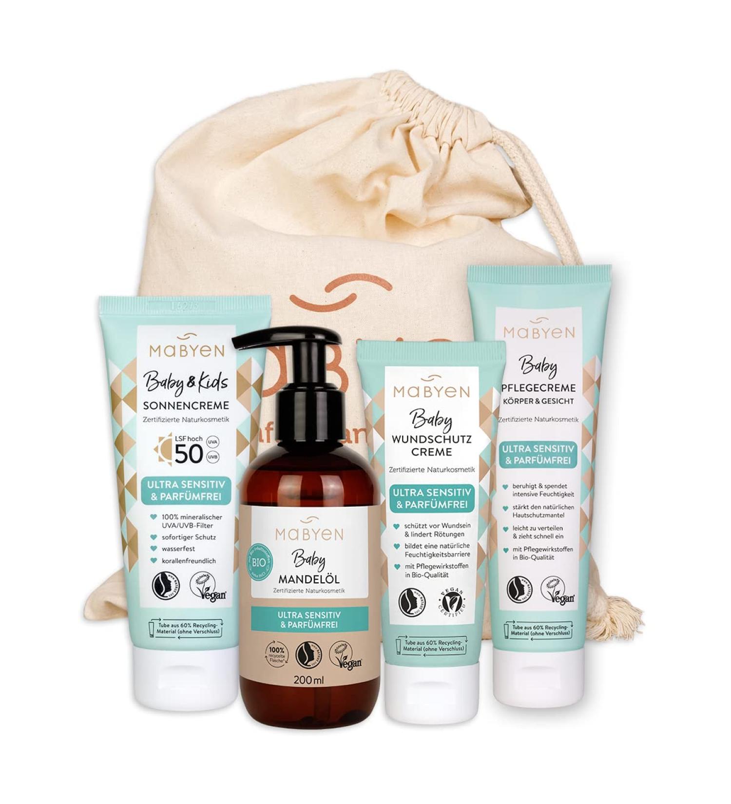 Mabyen Baby Care All-Around Set | Organic Natural Cosmetics - 4 Products + Fabric Bag - Baby Gift Set with Almond Oil Care Cream Wound Cream & Sunscreen - International Shipping Available - Buy Online on GoSupps.com
