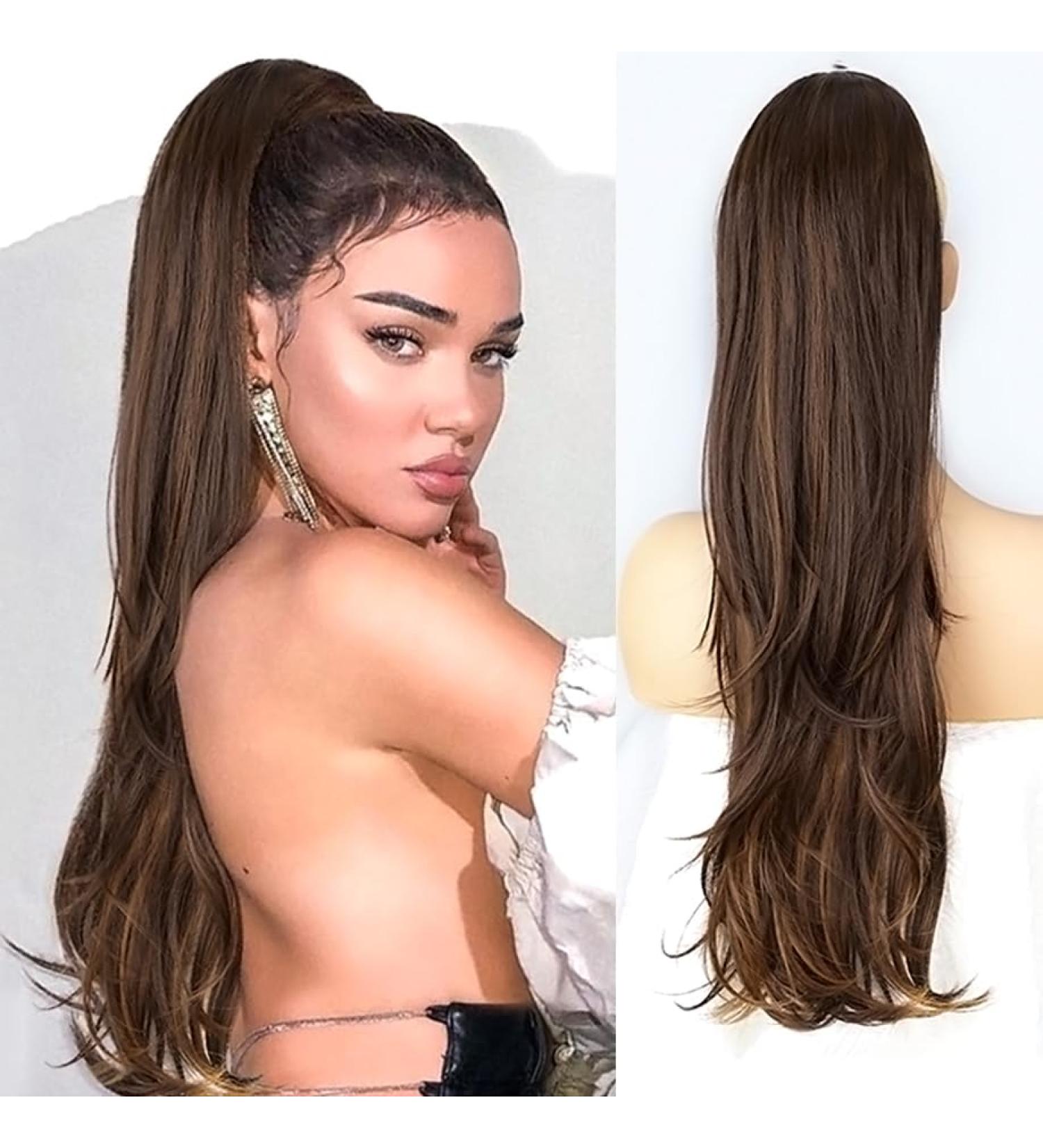 PORSMEER 26 Drawstring Ponytail Extension Natural Straight Wavy End Synthetic Hair - Dark Brown Mix Brown | For Women & Girls - Buy Online on GoSupps.com