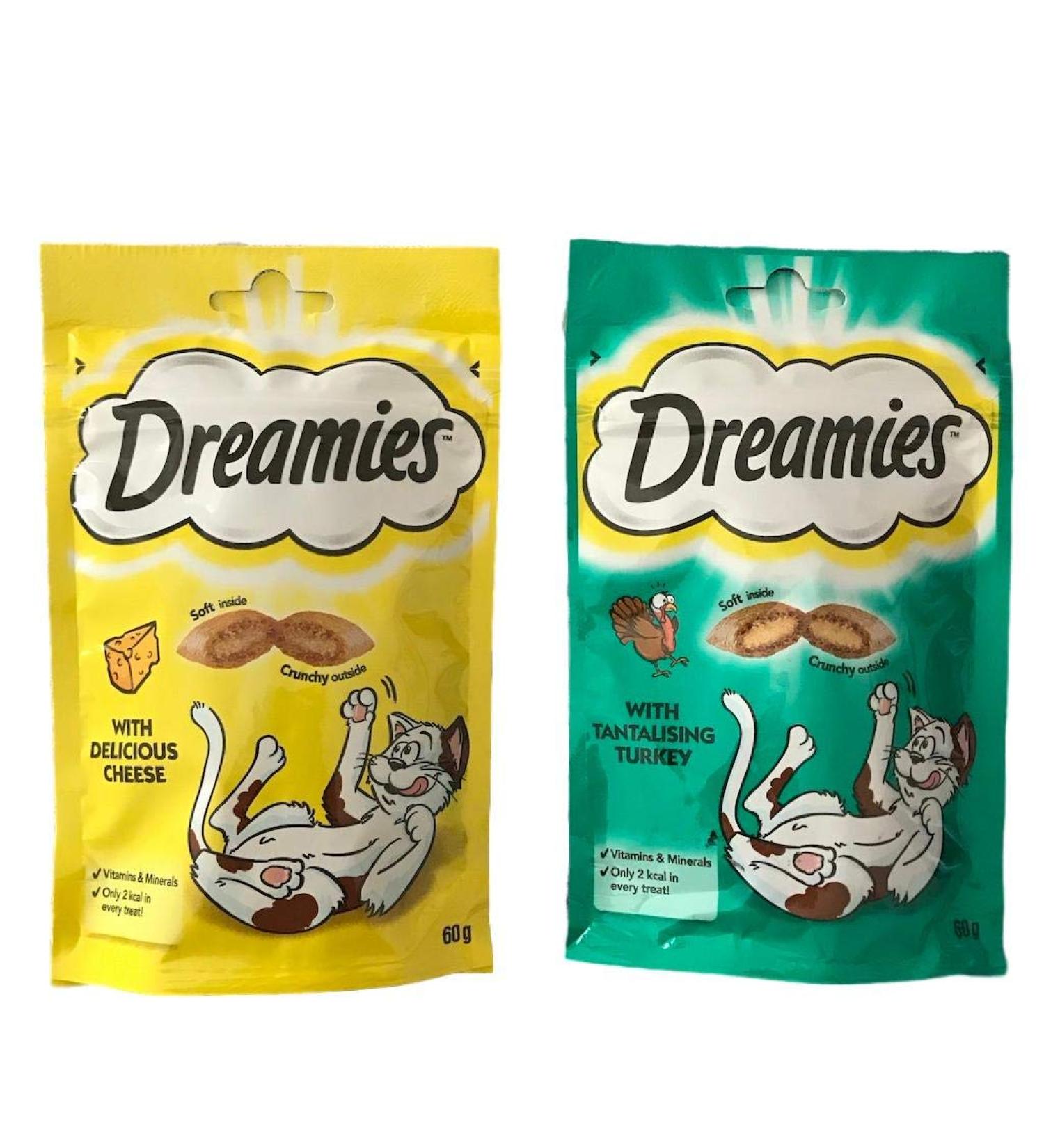 Dreamies Cat Treats Bundle - 2 Flavours - Tantalising Turkey and Delicious Cheese 60g (one of each) - Buy Online on GoSupps.com