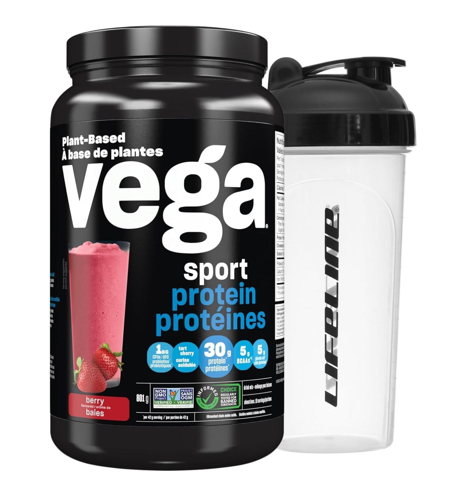 Vega Sport Protein Berry with Shaker Bottle - Plant Based Certified Vegan Non Dairy Gluten Free Keto Friendly - 19 servings - Buy Online on GoSupps.com