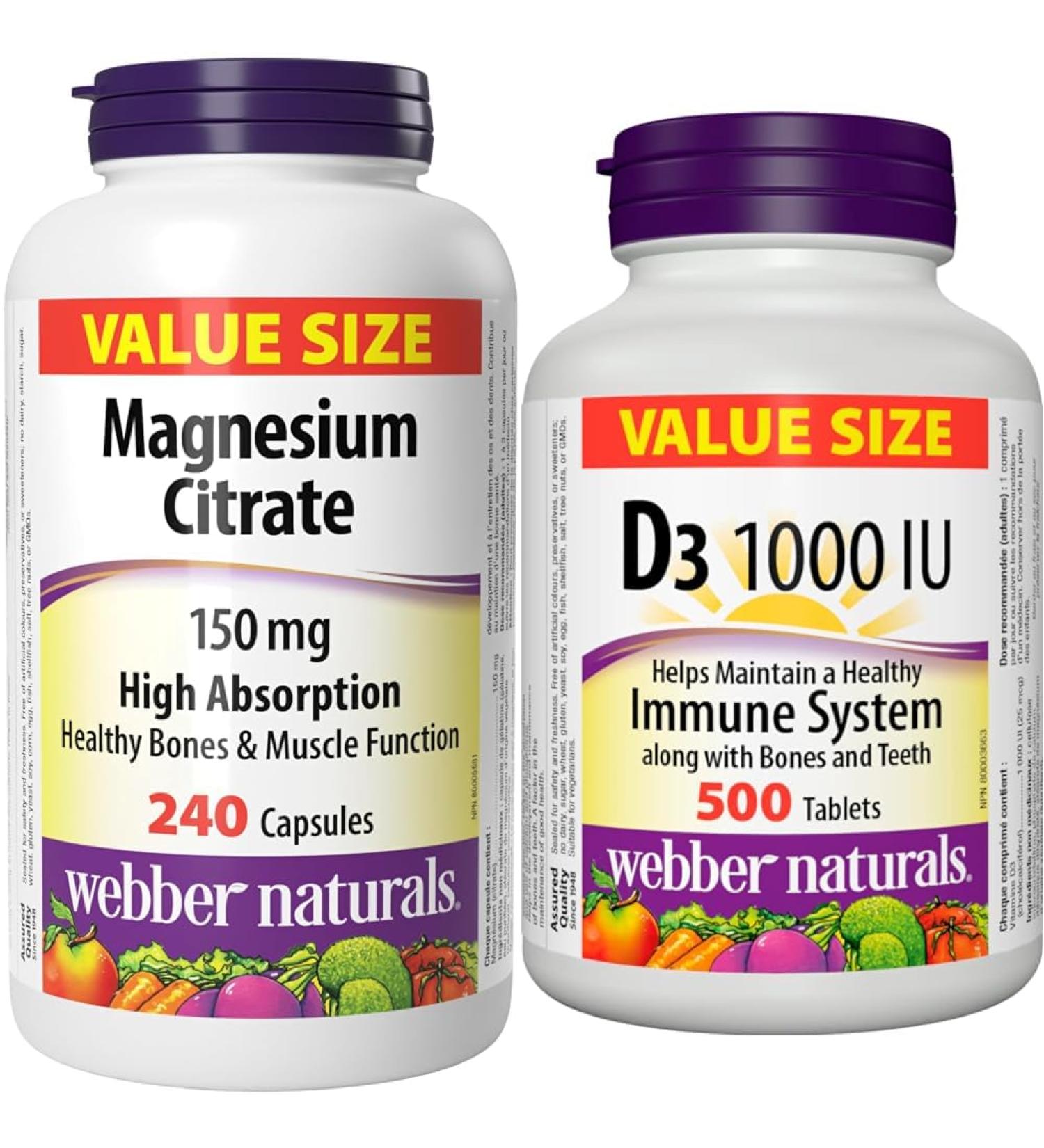 Webber Naturals Magnesium Citrate 150 mg 240 Capsules & Vitamin D3 1000 IU 500 Tablets For Healthy Bones Teeth and the Maintenance of Good Health Unflavored + Vitamin D3 1000 IU 240 count (Pack of 1) - Buy Online on GoSupps.com