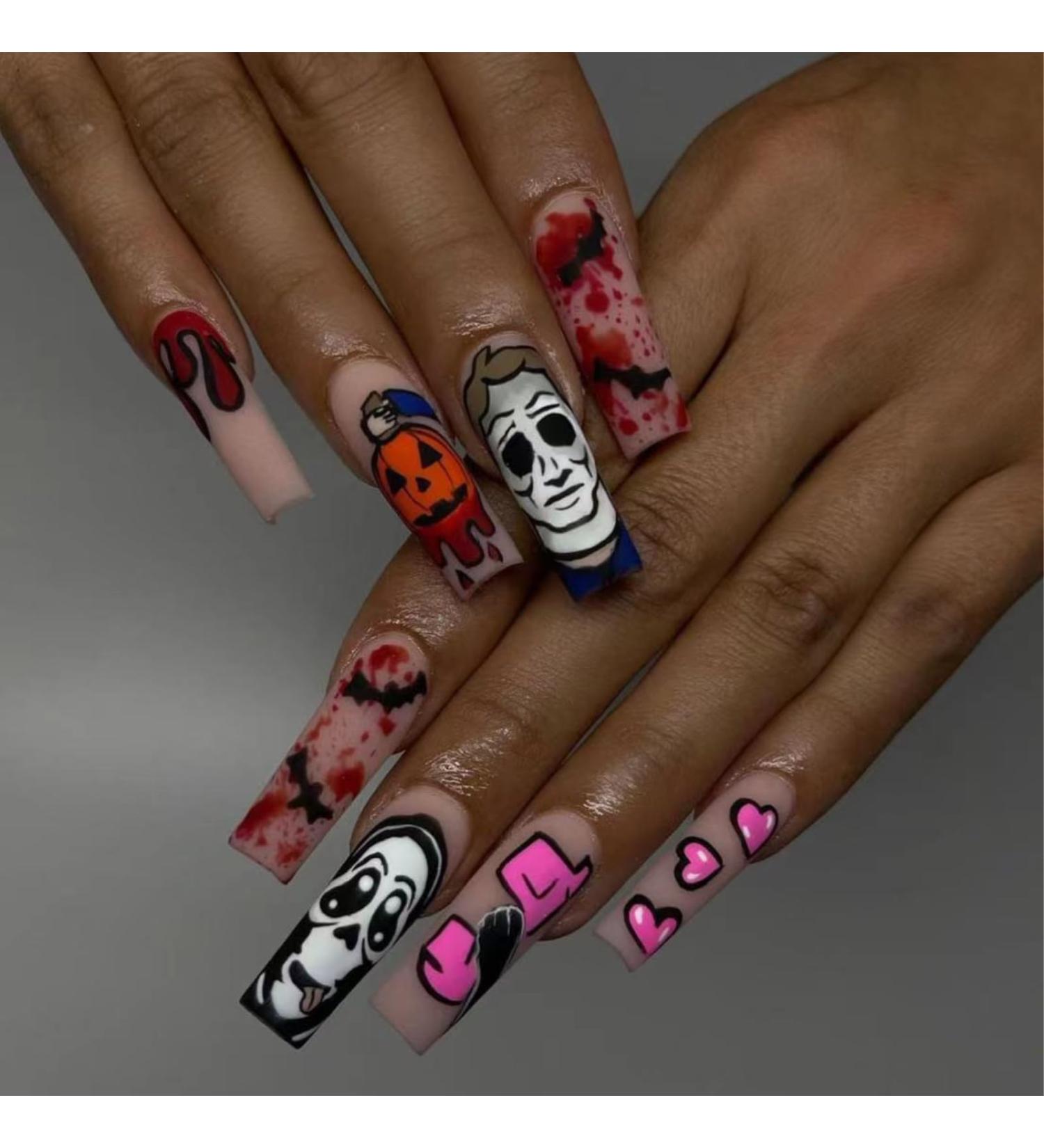 Extra Long Halloween Press on Nails - Pumpkin Ghost & Bat Design | Matte Nude Coffin Full Cover Fake Nails - 24 Pcs with Adhesive Jelly Glue - Buy Online on GoSupps.com