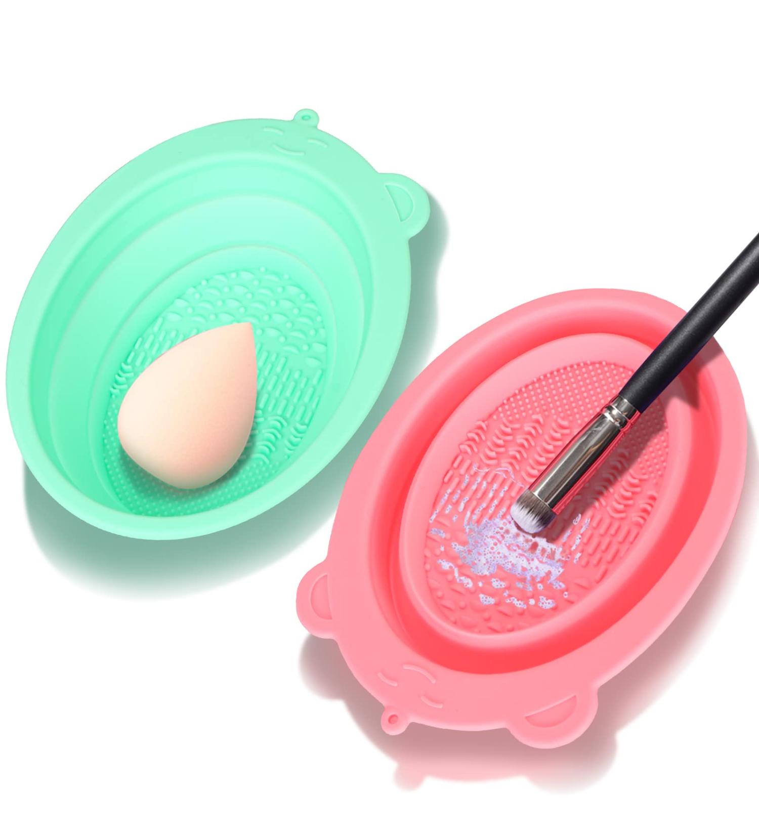 Unaone 2 PCS Makeup Brush Cleaning Mat - Silicone Pad & Foldable Bowl for Brushes & Sponges - Pink & Green - Buy Online on GoSupps.com