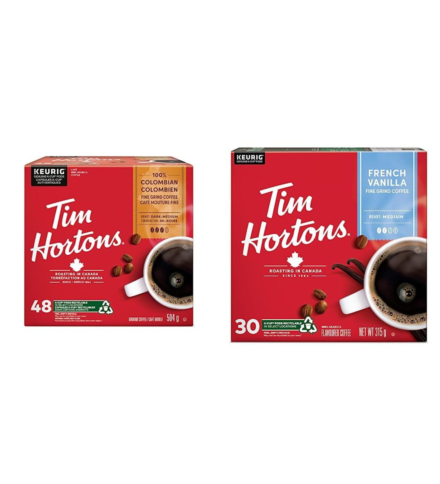 Tim Hortons Colombian Coffee Single Serve Keurig K-Cup Pods Medium Roast 48 Count & French Vanilla Coffee Keurig K-Cup Pods Flavoured Medium Roast 30 Count (Imported from Canada) - Buy Online on GoSupps.com