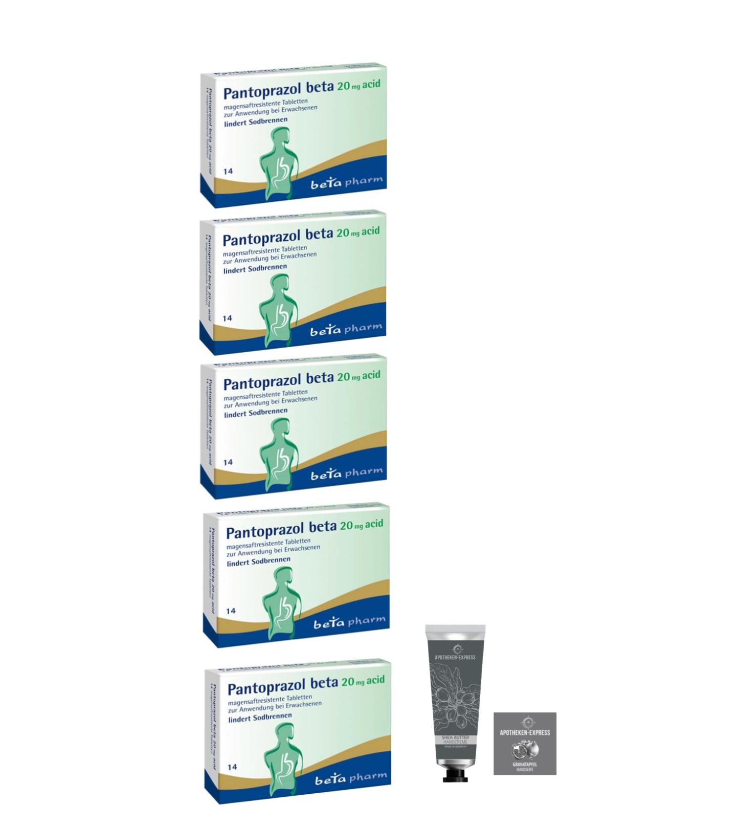 Pantoprazole Betapham 5 x 14 tablets - set for bulk order or for storage including hand cream or hand soap from pharmacy -express