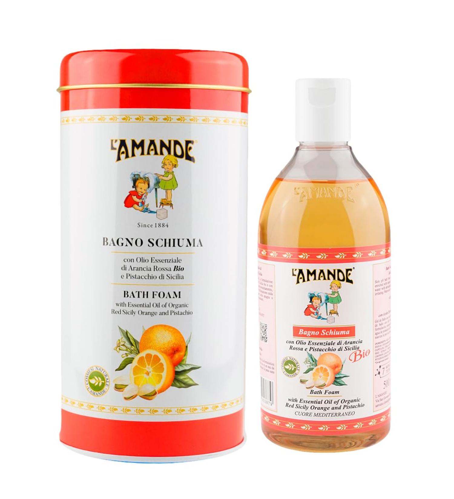 L'Amande L'AMANDE - Bubble bath for men and women in a box with organic red orange and pistachio essential oil delicate body cleansing and moisturising gel natural foam bath 500 ml