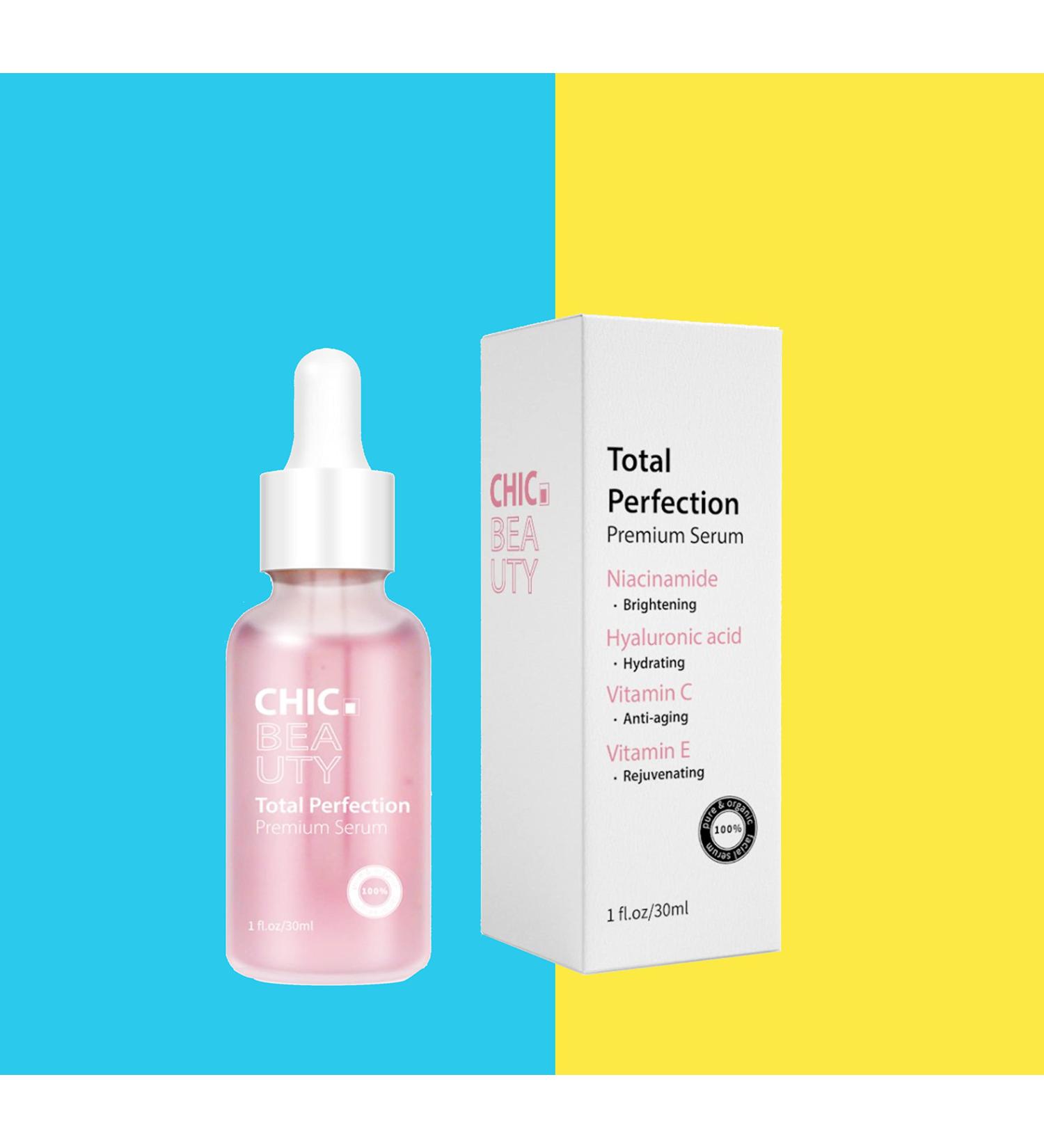 ChicBeauty Total Perfection Serum organic premium anti-aging brightening moisturizing rejuvenating hyaluronic acid niacinamide vitamin C vitamin E 1 oz serum