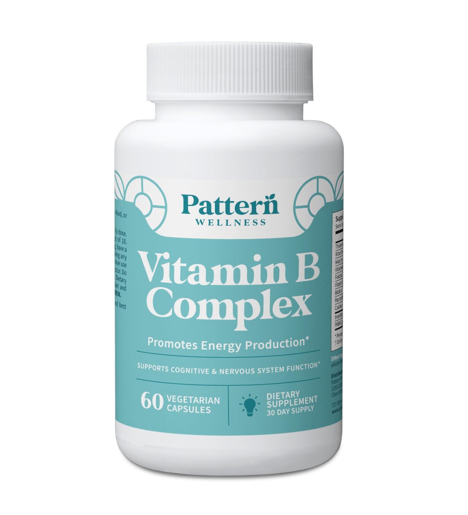 Pattern Wellness Vitamin B Complex Supplement - Comprehensive Blend of Essential B Vitamins - Supports Energy, Cognitive & Cellular Health - 3rd Party Lab Tested - 60 Capsules 60 Count (Pack of 1) - Buy Online on GoSupps.com