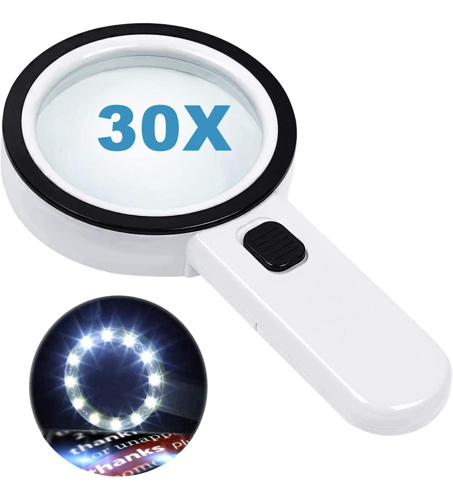 30X Handheld Illuminated Magnifying Glass with 12 LED Lights - Ideal for Seniors, Reading, Coins, Stamps, Maps, Inspection - Double Glass Lens for Macular Degeneration - All White - Buy Online on GoSupps.com