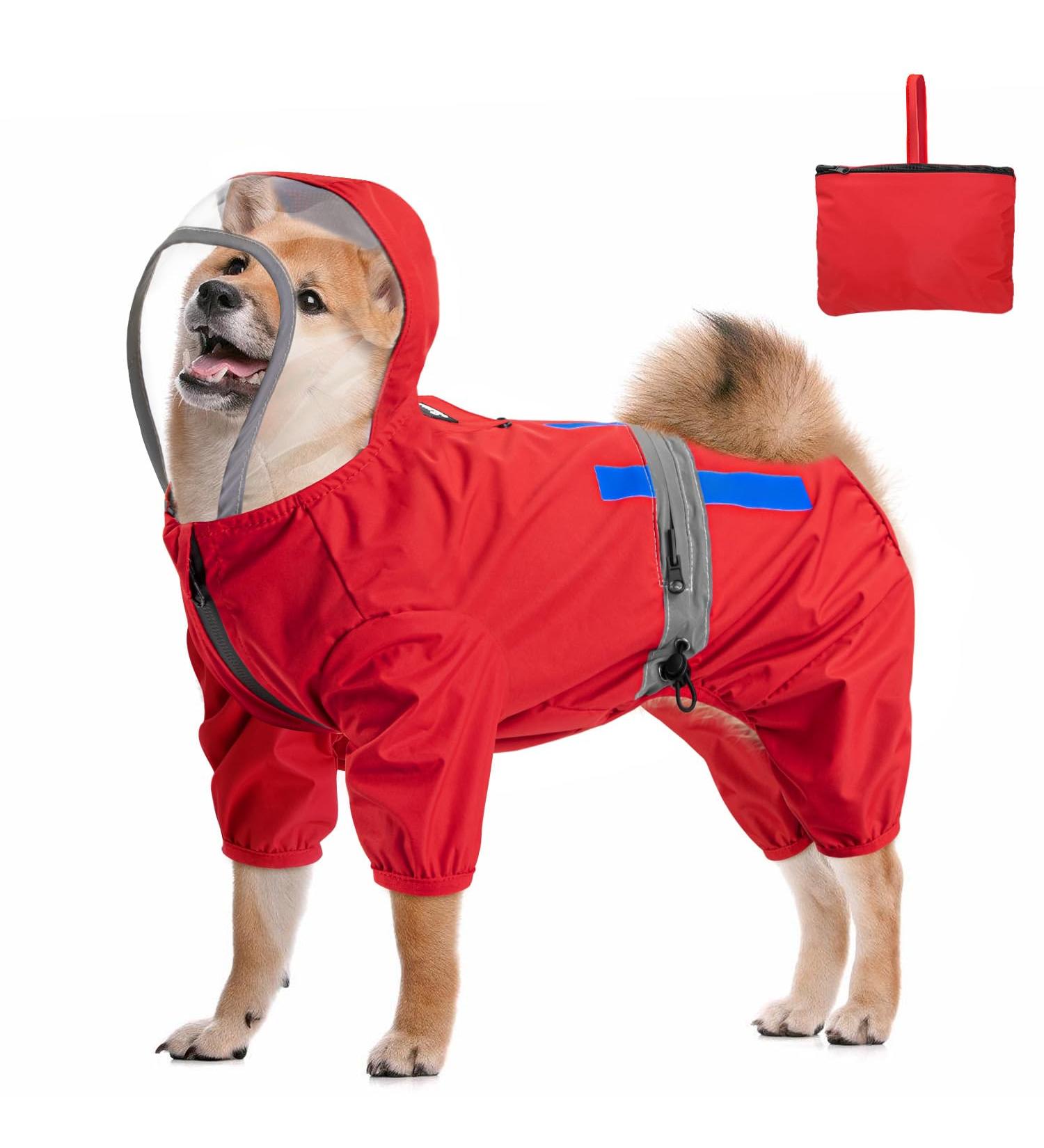 Slowton Waterproof Dog Raincoat - Reflective & Hooded Jacket for All Sizes | Windproof Storage Bag Included | Red - Perfect for Walks - Buy Online on GoSupps.com