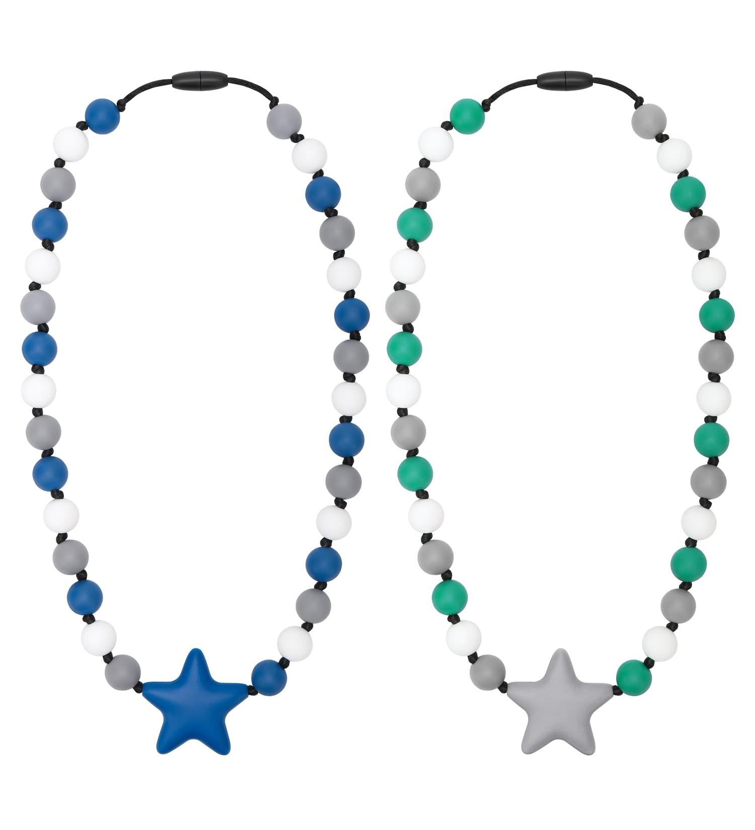 2 Pack Baby Silicone Sensory Chew Necklaces - BPA Free Teething & Nursing Toys for Breastfeeding - Freezable & Dishwasher Safe - Blue & Gray Stars - Buy Online on GoSupps.com
