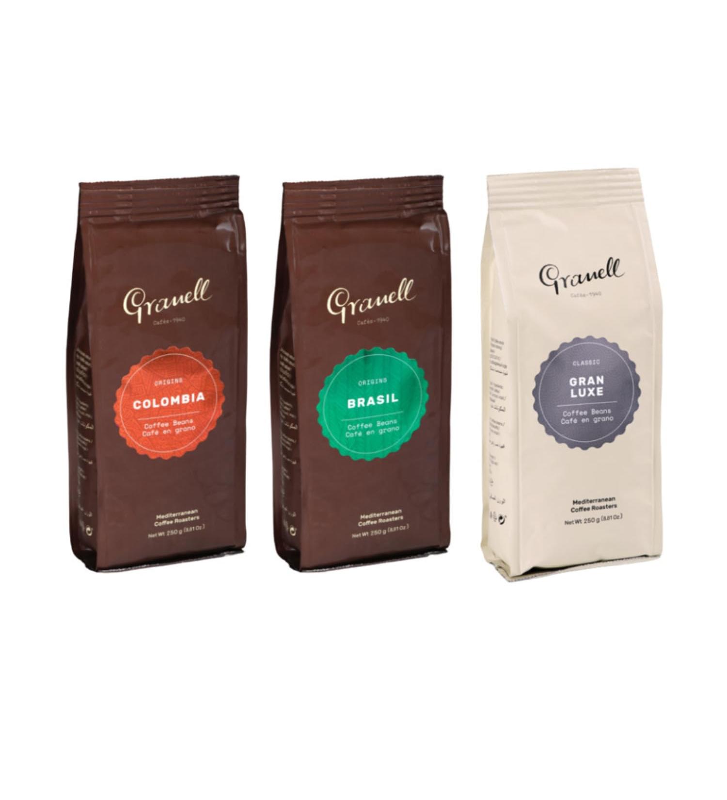  GRANELL CAFES-1940 Granell Caf s 1940 - Coffee Bean Tasting Pack for Solo Coffee Lovers | 100% Arabica Coffee Naturally Roasted from Brazil Colombia and Gran Luxe | Medium Intensity | 3 x 250g Pack - Buy Online on GoSupps.com