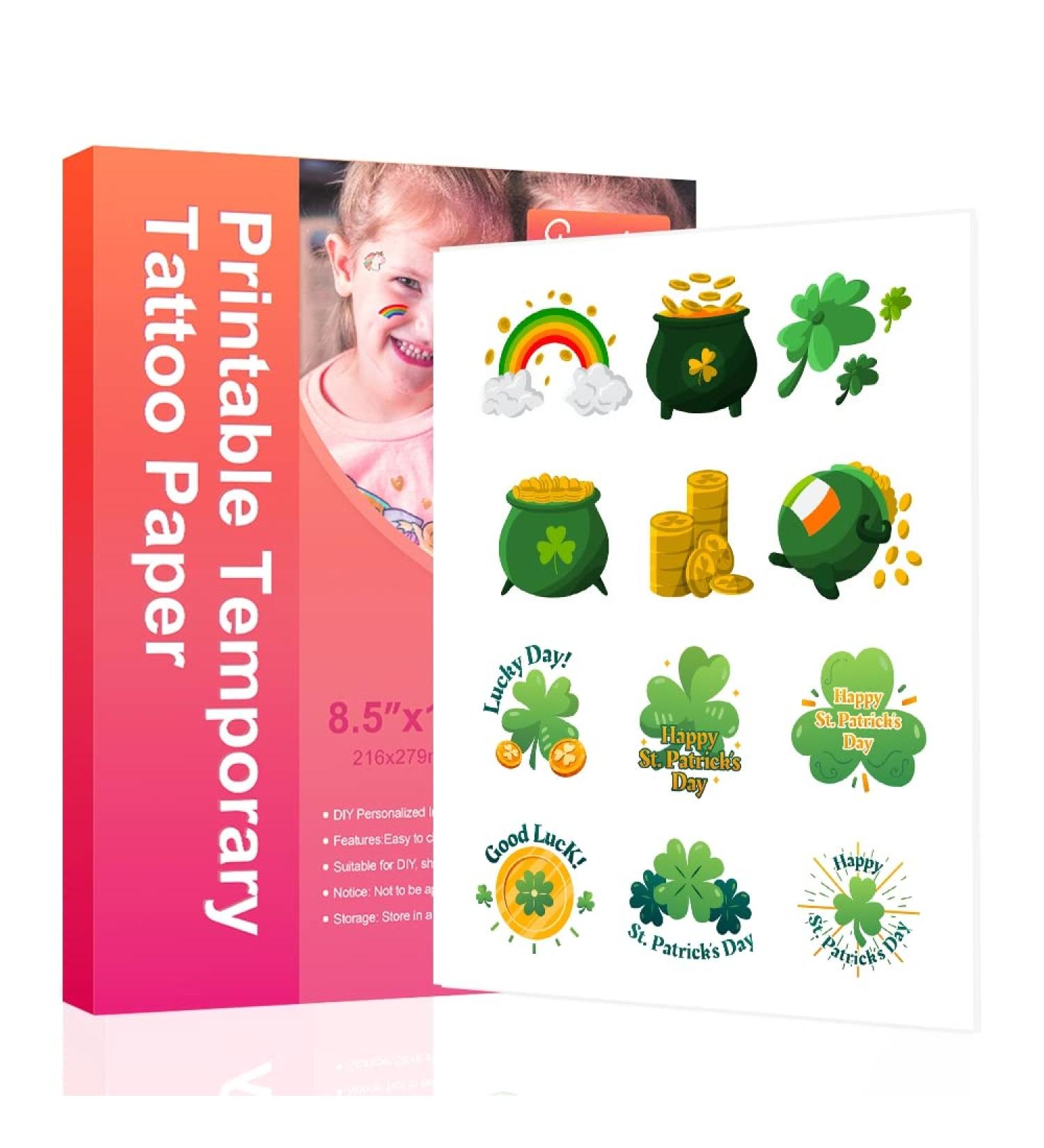 St. Patrick's Day Temporary Tattoos - 5 Sheets DIY Waterproof Inkjet Printable Paper - Custom Cartoon Designs for Kids - Summer Party Theme - Buy Online on GoSupps.com