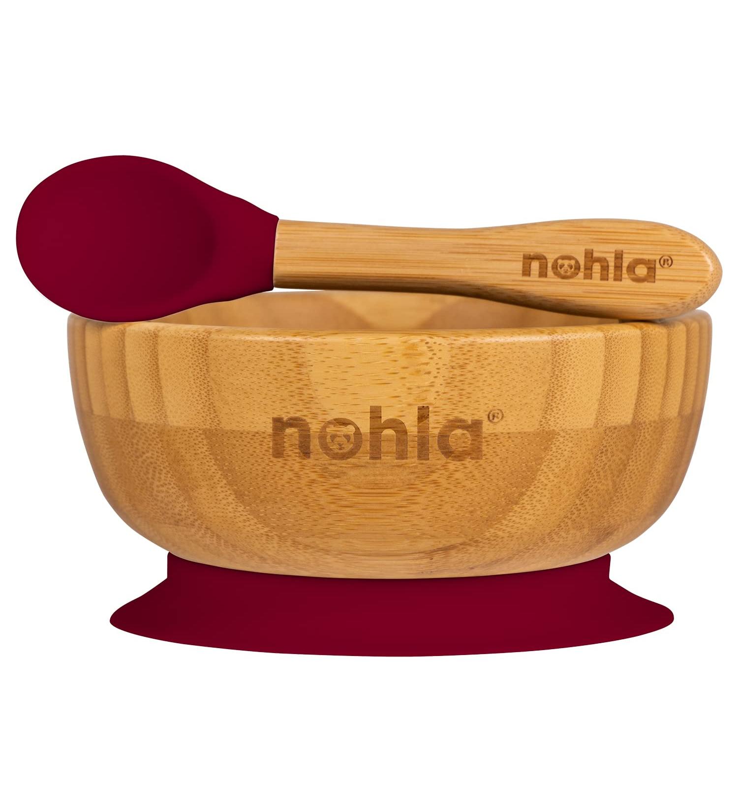 nohla - Bamboo Baby Weaning Suction Bowl and Spoon Set - Cherry - 350ml Capacity - 100% Natural & Organic BPA-Free Silicone - Toddler Mealtime Essentials Cherry Bowl
