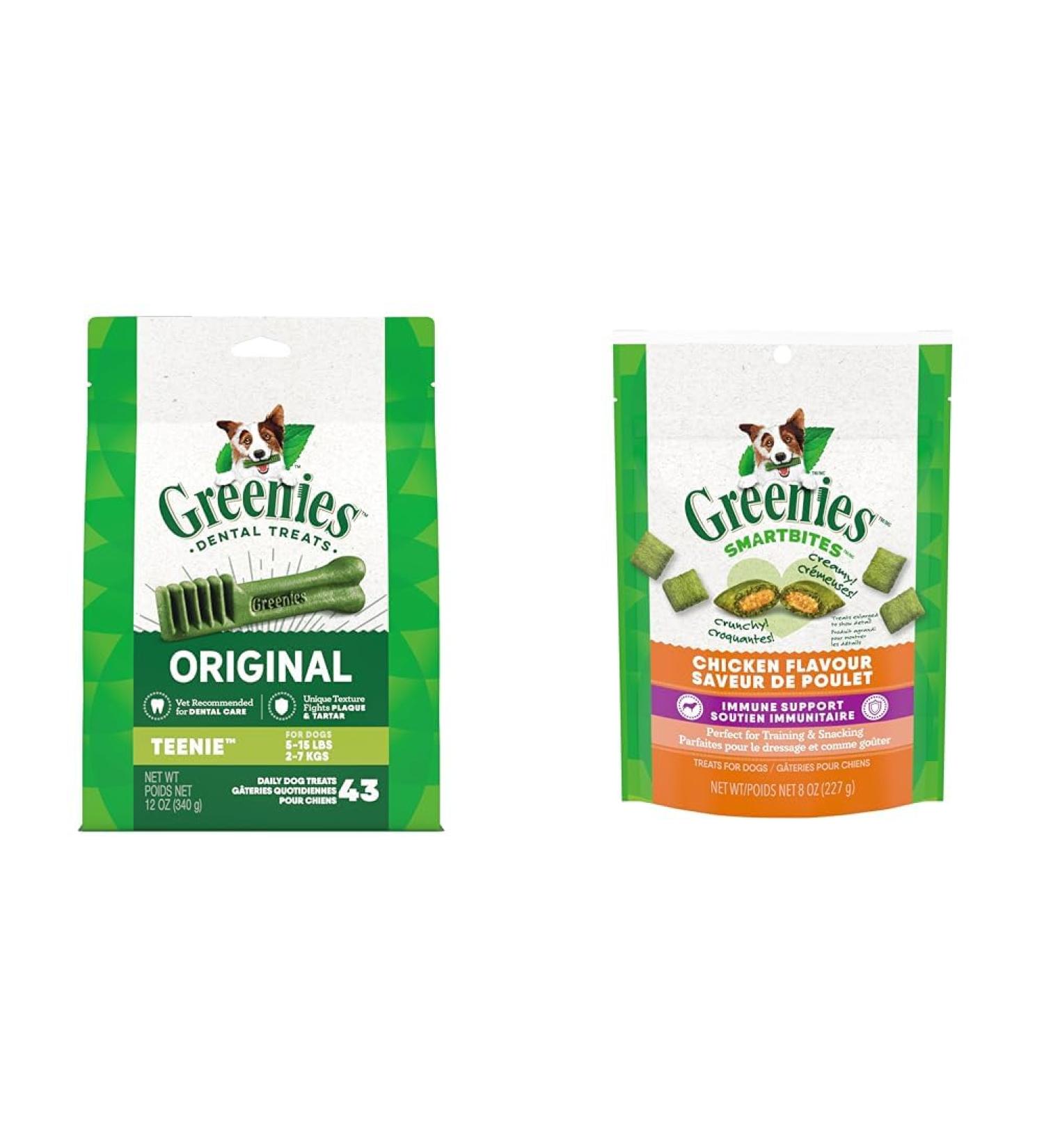 GREENIES Adult Dog Treats Original TEENIE Natural Dental Care (43 Treats) 12oz. Pack & Smartbites Dog Treats Immune Support Chicken Flavour 227g Pouch - Buy Online on GoSupps.com
