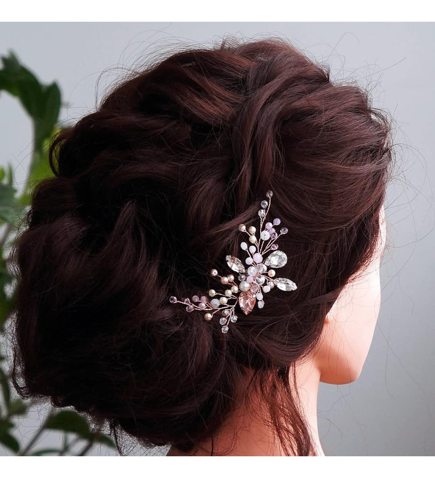 Dainty Pink Crystal Rhinestone Bride Wedding Hair Comb - Rose Gold Pearl Beads Side Hair Comb for Women - Buy Online on GoSupps.com
