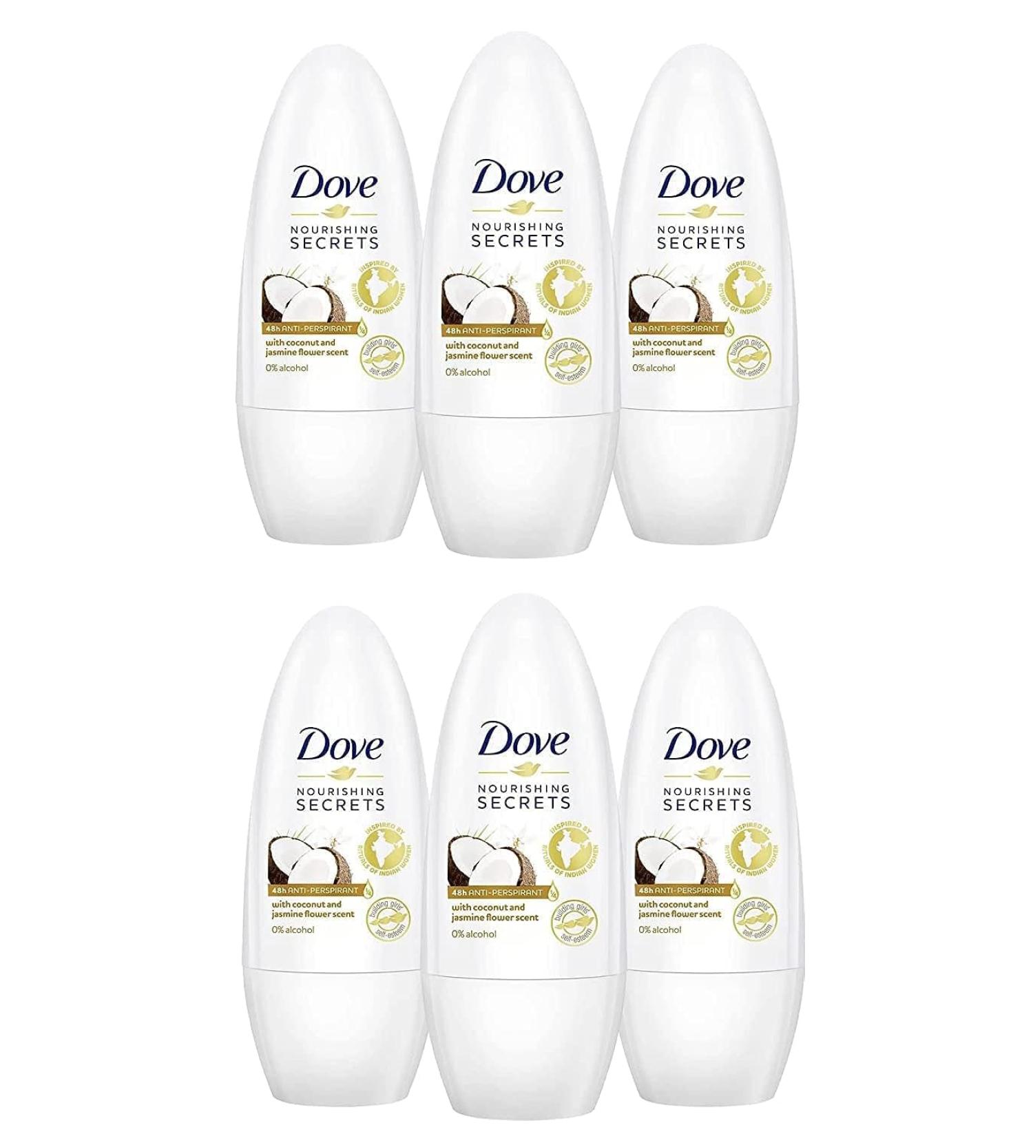 6x Dove COCONUT and JASMINE FLOWER 48H Ant-Perspirant Roll On 50ml