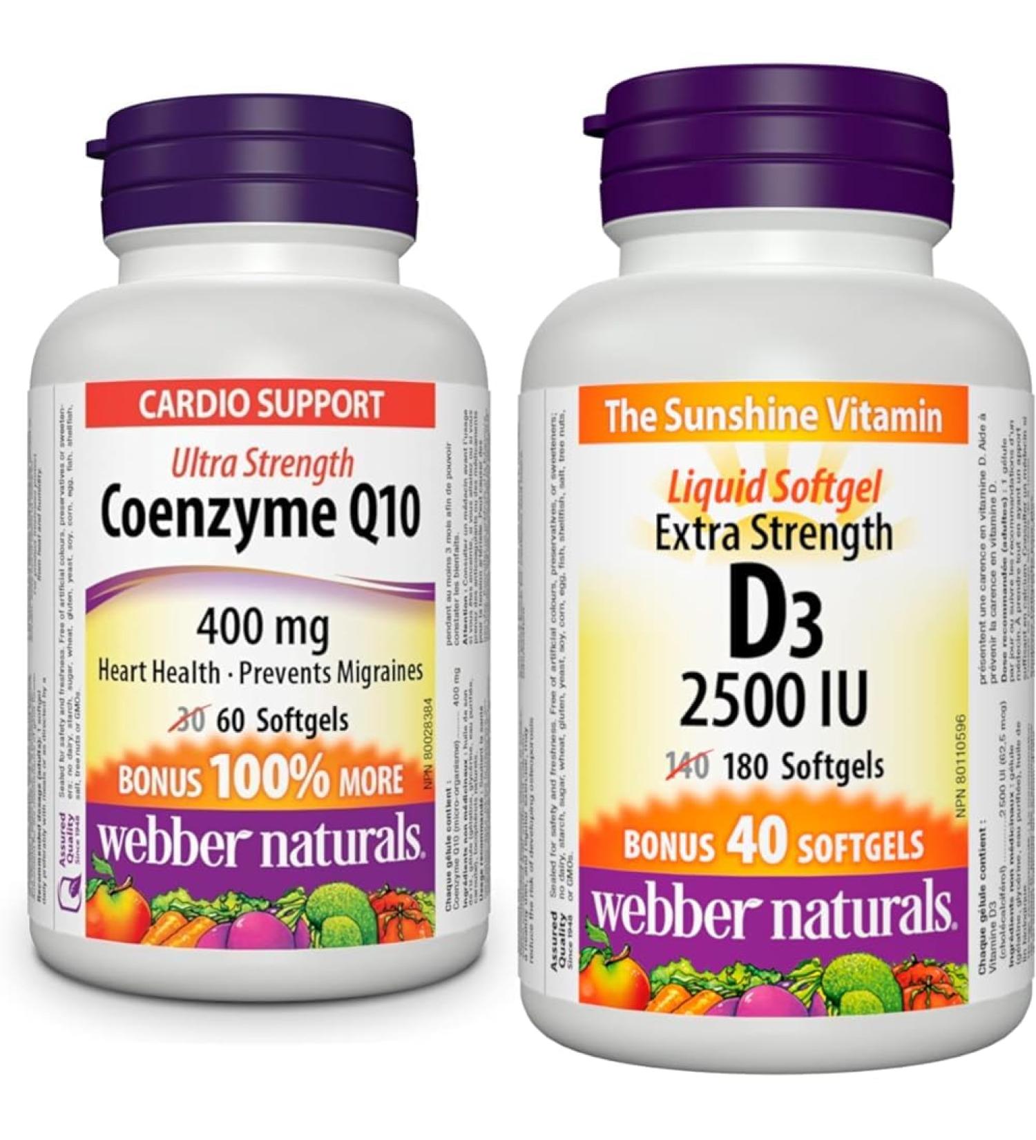 Webber Naturals Coenzyme Q10 (CoQ10) 400mg 60 Softgels & Vitamin D3 2500 IU Extra Strength 180 Softgels For Healthy Bones Teeth and Helps Prevent Vitamin D Deficiency - Buy Online on GoSupps.com