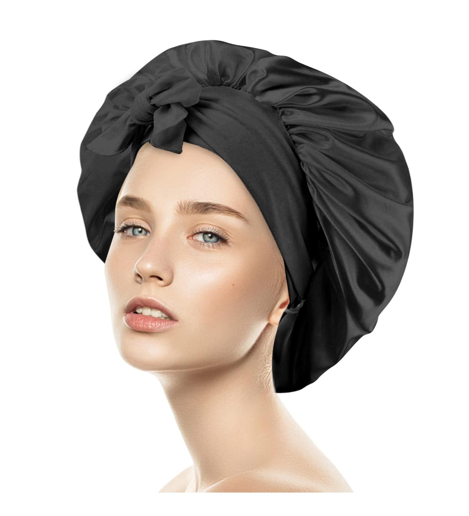 Satin Hair Bonnet for Sleeping - Jumbo Size Black Silk Bonnet for Long Curly Hair | Women's Tie Band Bonnet - Buy Online on GoSupps.com