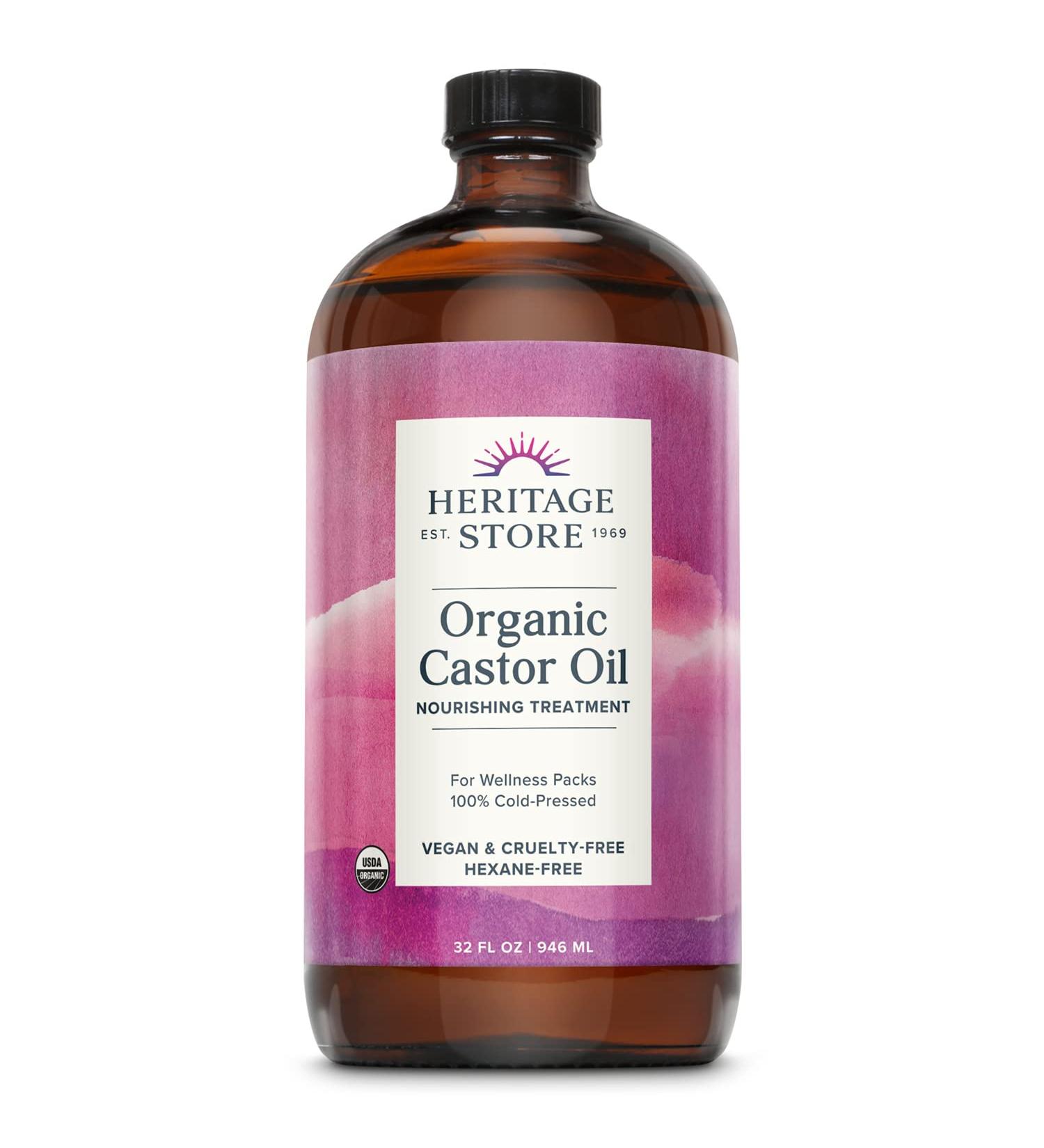 Heritage Store Organic Castor Oil 32oz - Nourishing Hair & Skin Treatment | Cold Pressed, Hexane Free, Vegan, Cruelty Free - Glass Bottle for Healthy Hair, Eyelashes, Brows & Castor Oil Packs - Buy Online on GoSupps.com
