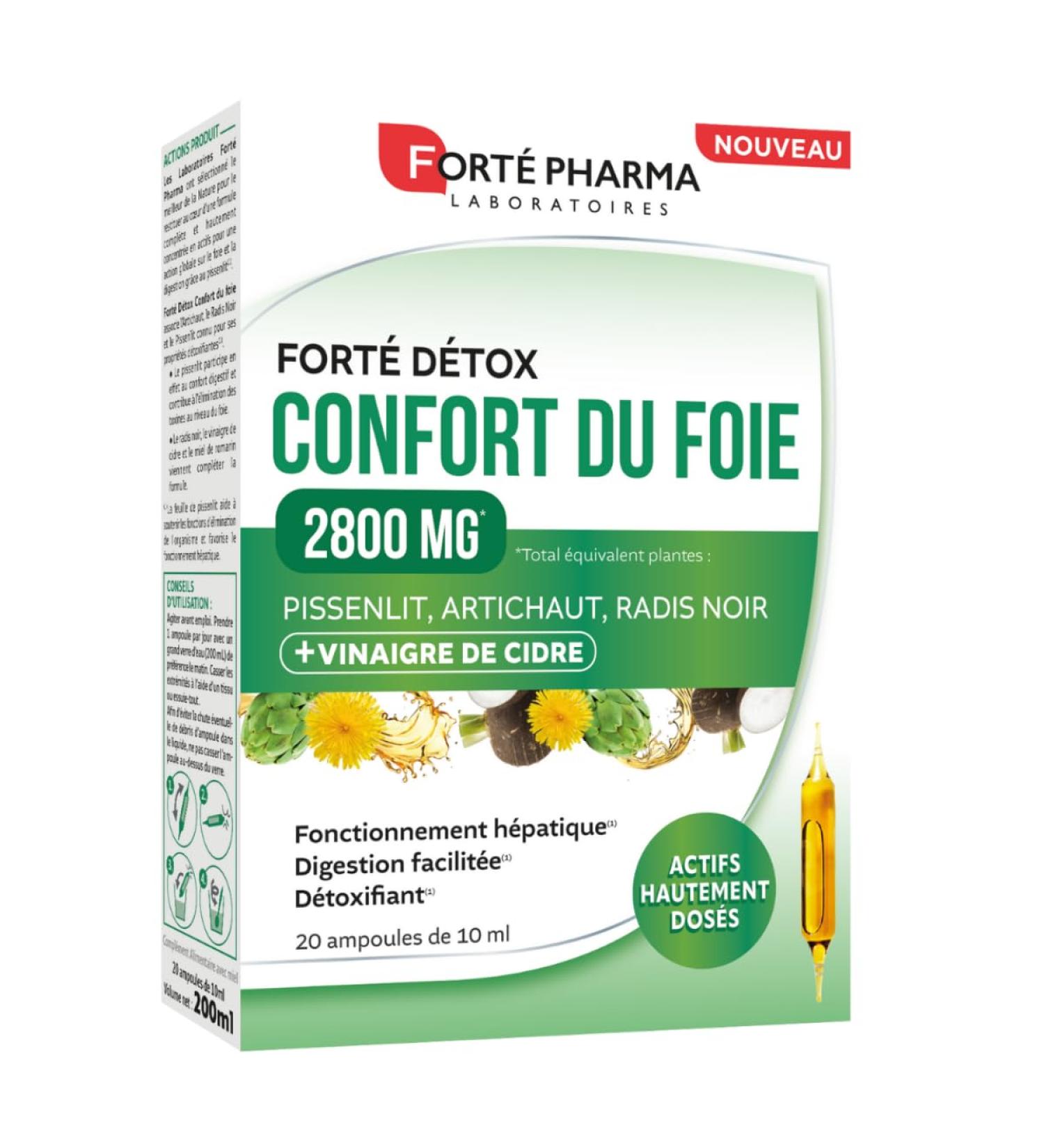 Fort Pharma - Fort D tox Confort du Foie 2800mg - Ampoulr detox foie Fonctionnement h patique Confort digestif - Vinaigre de Cidre Pissenlit Artichaut Radis noir - 20 ampoules 1/jour Sans saveur 200 ml (Lot de 1) - Buy Online on GoSupps.com