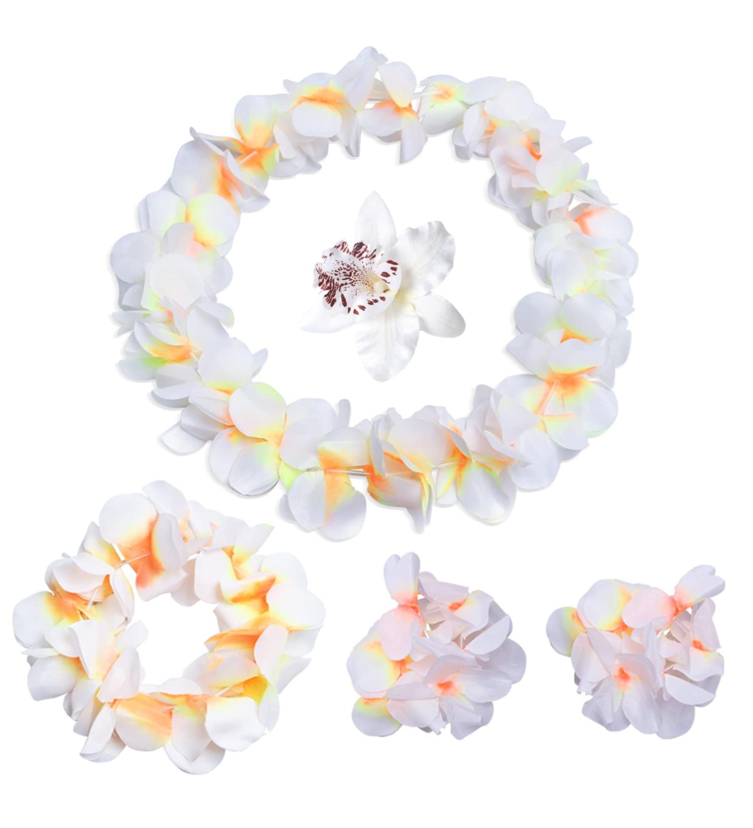 Hawaiian Luau Tropical Flower Crown Set - White Floral Headband, Necklace, Bracelets for Summer Beach Party - Buy Online on GoSupps.com