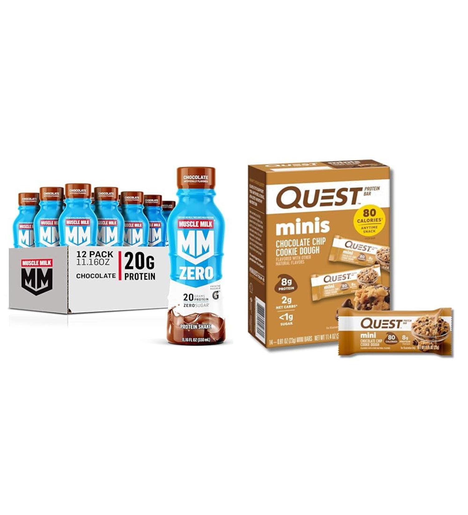 Muscle Milk Zero Protein Shake Chocolate 20g Protein Zero Sugar 100 Calories Calcium Vitamins A C & D 4g Fiber Energizing Snack Workout Recovery Packaging May Vary (12 Pack) and Quest Nutrition Mini Chocolate Chi  - Buy Online on GoSupps.com