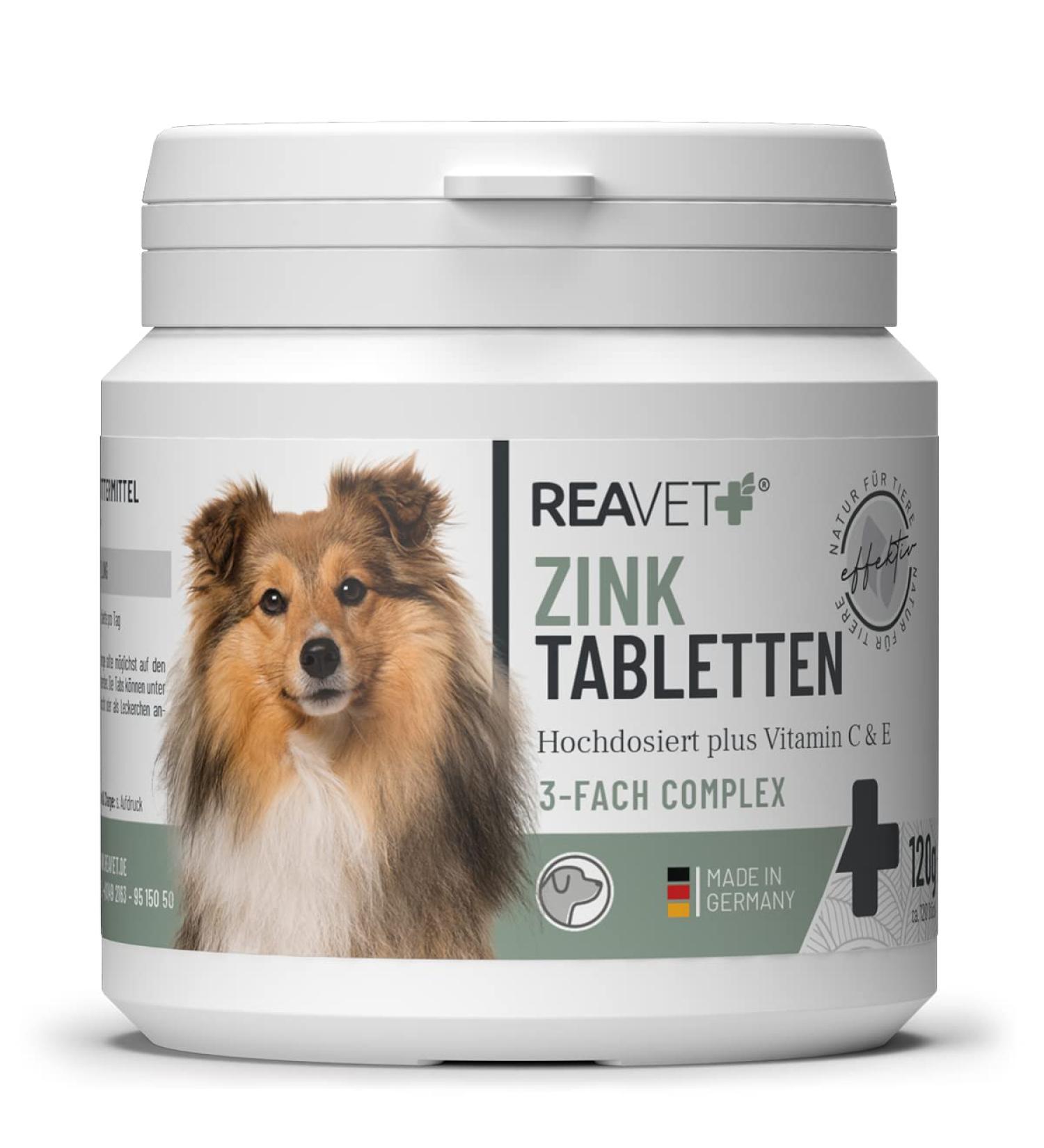 Reavet Zinc Tablets for Dogs - High Dose with Vitamin C & E | 120 Pieces for Dry Skin Hair Loss Claw & Fur Health - Buy Online on GoSupps.com