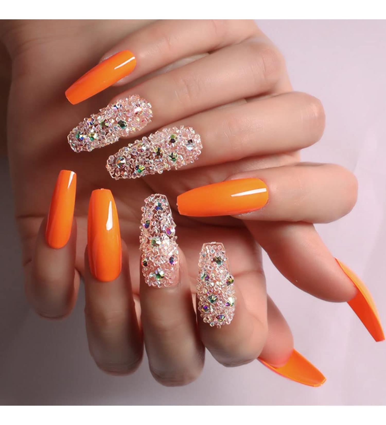 Sethexy Sparkle Long Ballerina False Nails - Shiny Bling Coffin Acrylic Press-On Nail Tips (24 pcs Orange) for Women & Girls - International Shipping - Buy Online on GoSupps.com