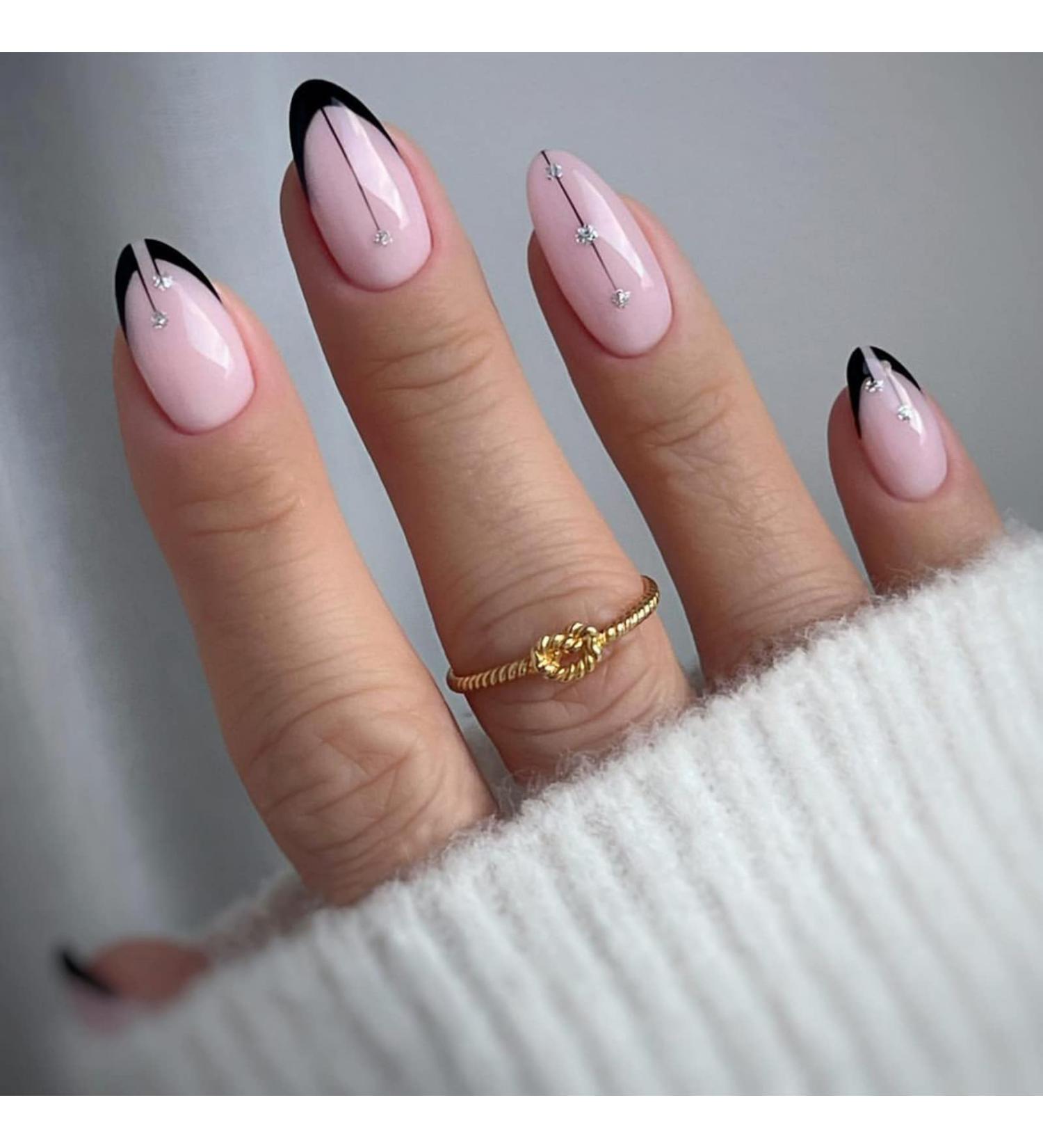 Justotry 24 Pcs Short Oval False Nails with Jewels | Black French Press On Nails | Striped Fake Nails with Nail Glue | Almond Medium Stick On Nails for Women | Nail Art Accessories - Buy Online on GoSupps.com