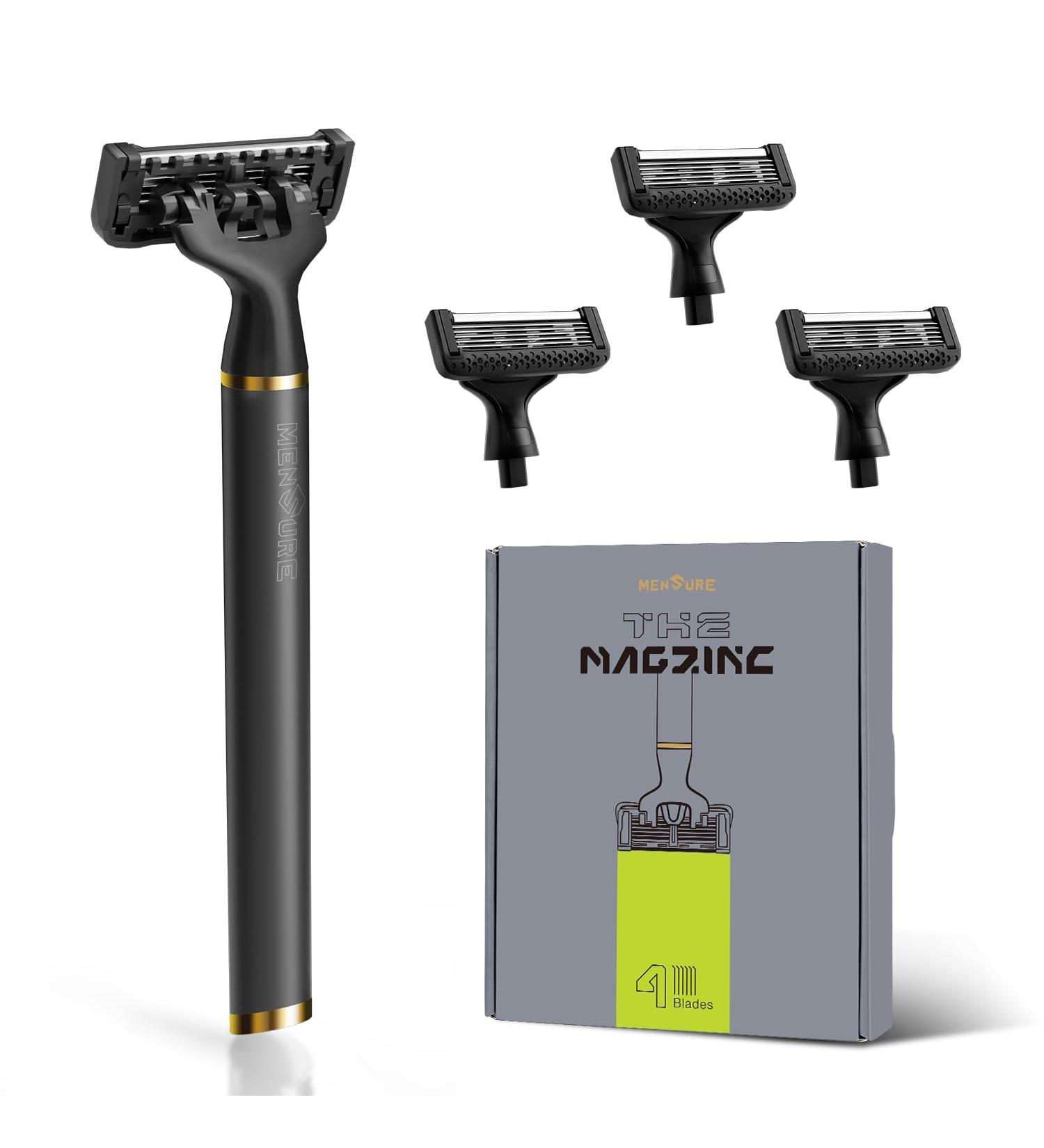 Mensure Razors for Men - Premium Shaving Kit with Magnetic Design 6-Layer Blades & Lubricating Strips - Includes 4 Refills (Black - Buy Online on GoSupps.com