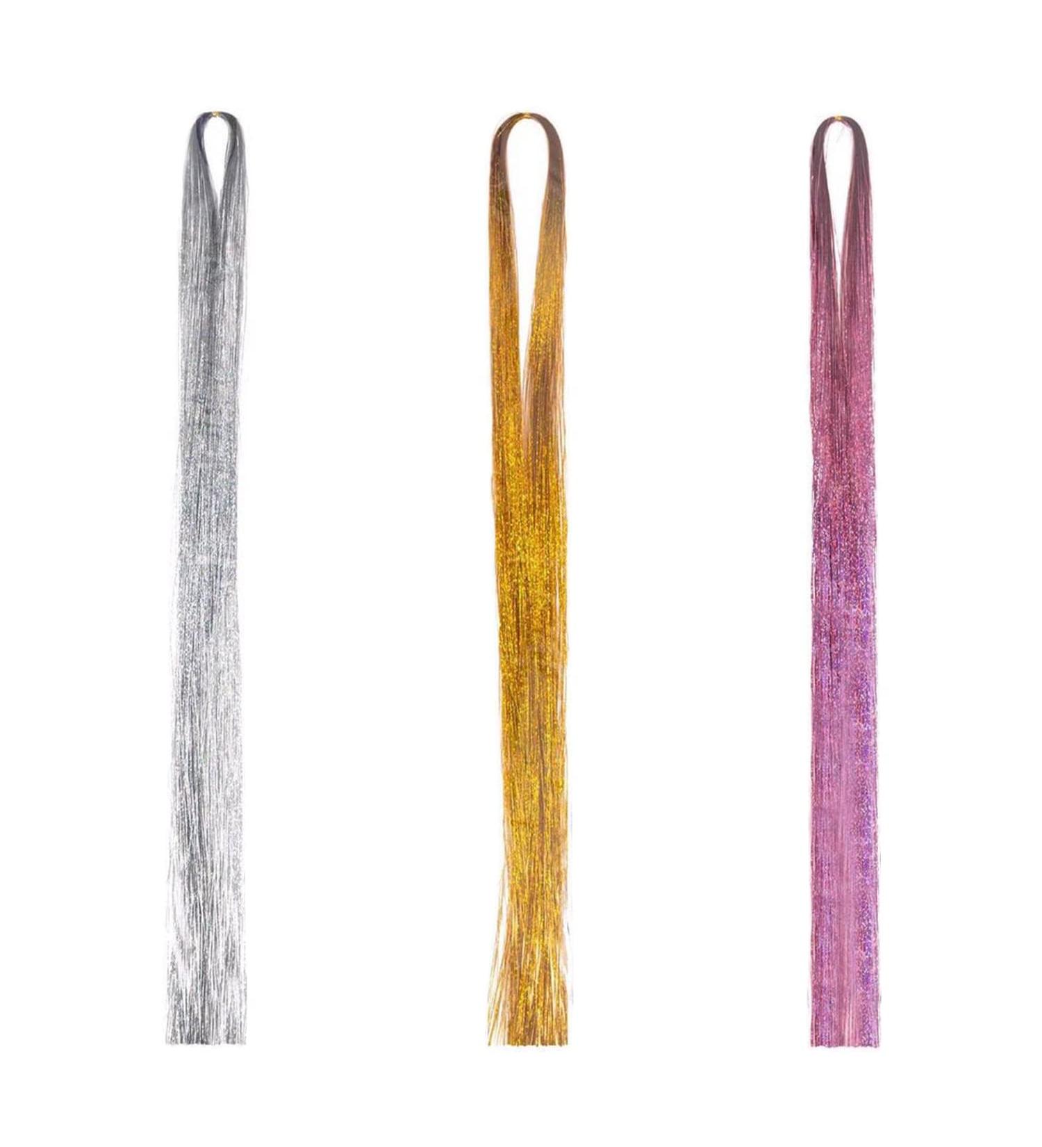 600 Glitter Metal Wire Hair Extensions Tinsel Straight Hair Accessories Holographic Dazzle Colour Straight Hair Extensions Ladies and Girls Hair Accessories (Gold Silver Pink) - Buy Online on GoSupps.com