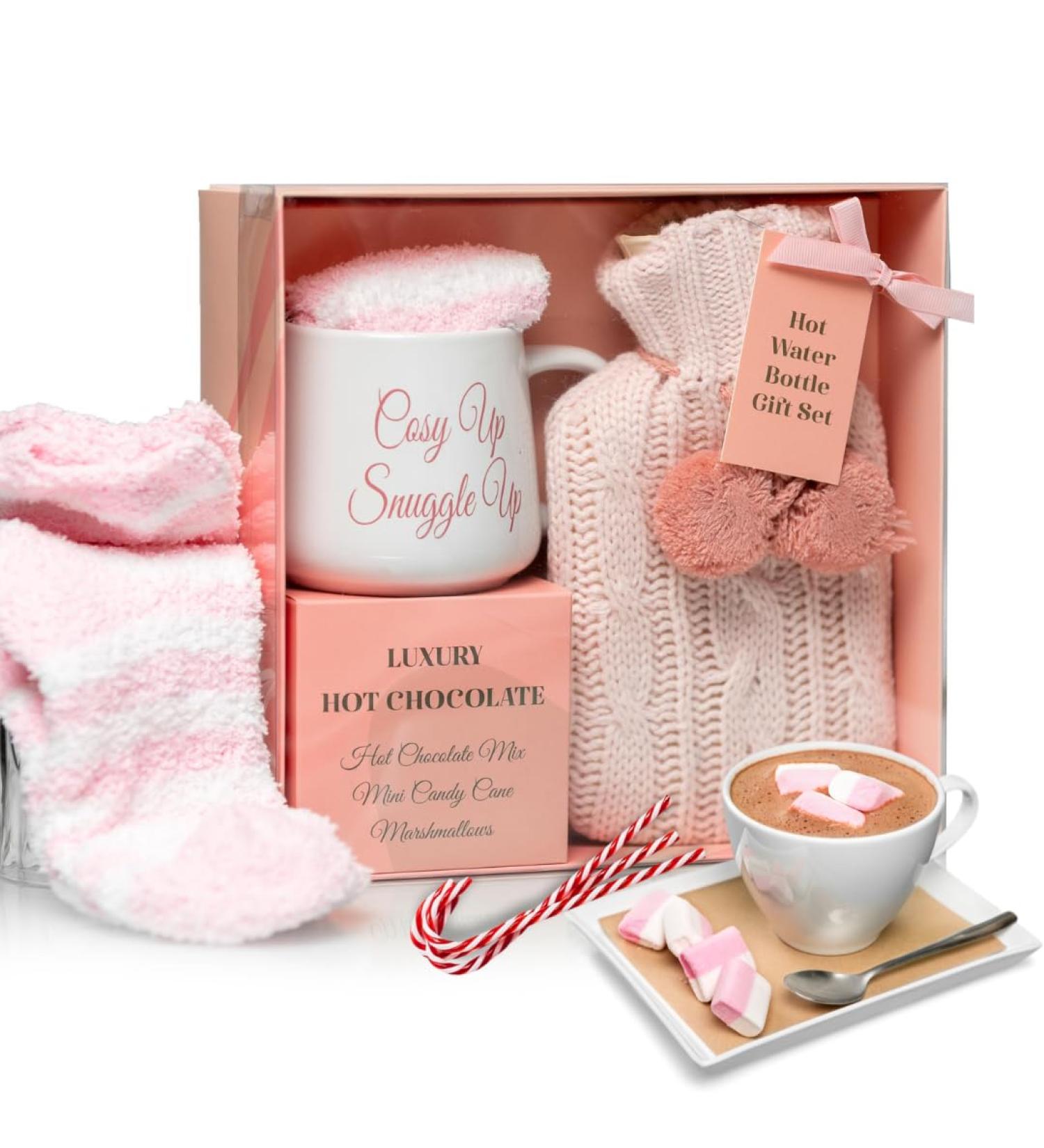 Hot Chocolate Mug Gift Set with Water Bottle, Marshmallows & Candy Cane - Cozy Gift for Women, Teen, Adults (Pink) - Buy Online on GoSupps.com