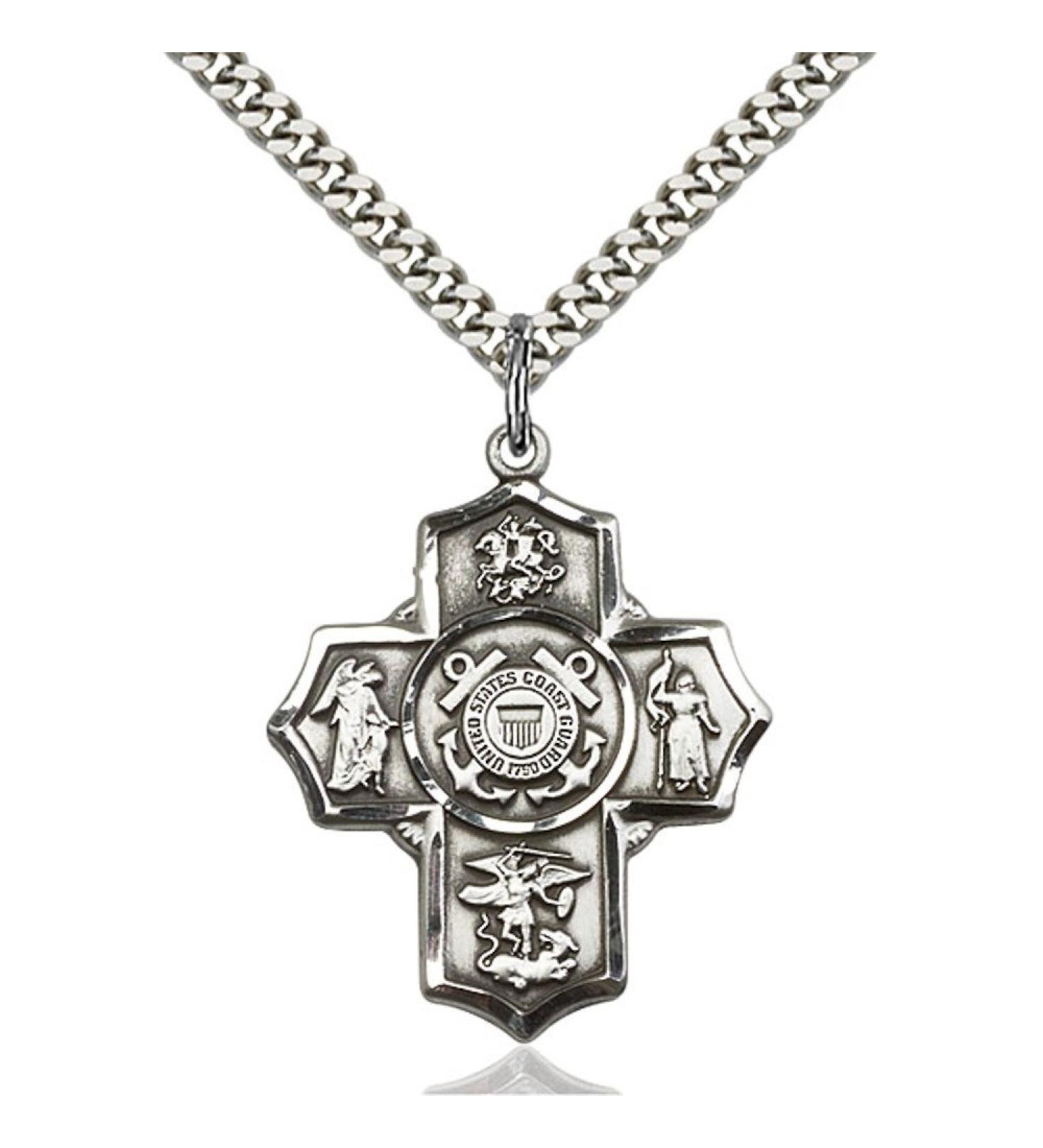 Sterling Silver 5-Way/Coast Guard Pendant 1 1/4 x 1 inches with Heavy Curb Chain