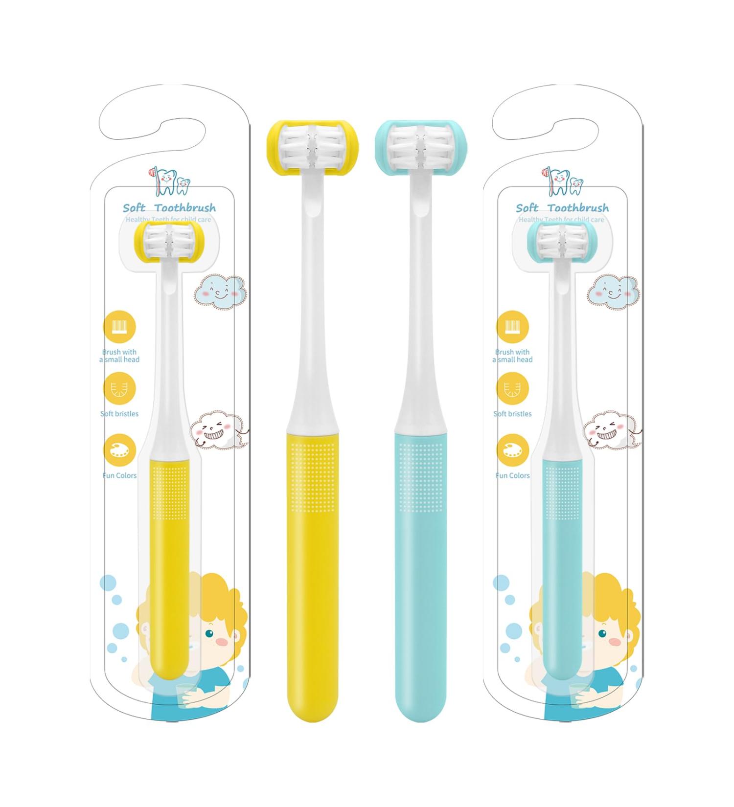3 Sided Toddler Toothbrush | Soft Bristles Kids Toothbrush for Autism Sensory Needs | Gentle Silicone Brush Heads in Blue & Yellow - Optimal Oral Care for Kids - Buy Online on GoSupps.com