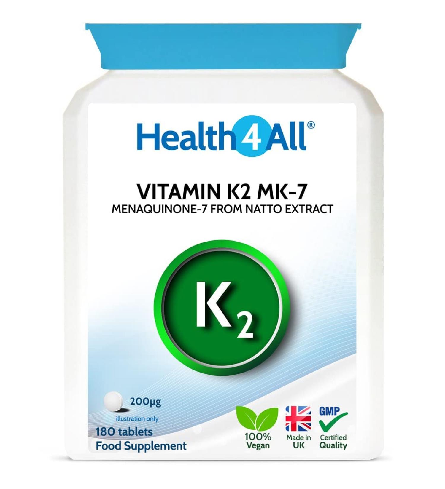 Health4All Vitamin K2 MK7 200mcg 180 Tablets - Vegan Natural K2 from Natto Beans Fermentation - High Strength K2MK7 Supplements - 180 Count Pack - Buy Online on GoSupps.com