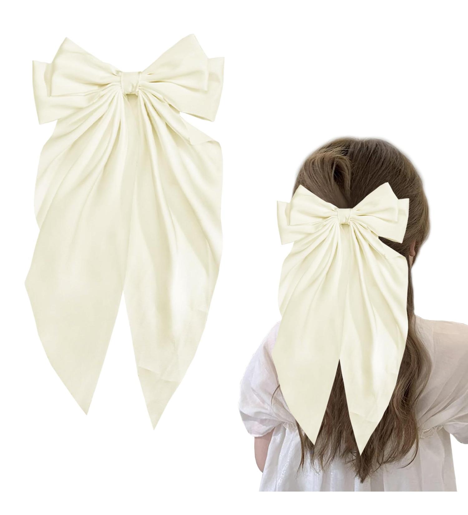 Hair Bow White Big Hair Bows for Women Solid Color Bow Hair Clips with Long Ribbon Soft Satin Silky Bow Hair Clip French Pink Hair Bows Cute Gifts for Women Girls (creamy-white) Off-White - Buy Online on GoSupps.com