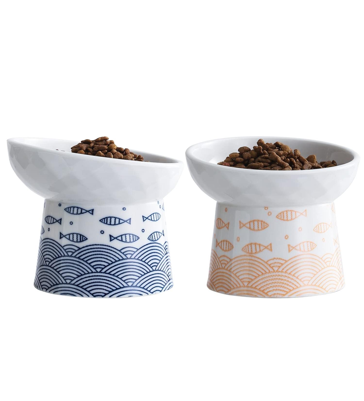 Tamaykim Ceramic Tilted Raised Cat Bowls Set - 8 oz Food and Water Dishes for Kitties - Porcelain Elevated Pet Dish, Set of 2 Orange & Blue - Buy Online on GoSupps.com