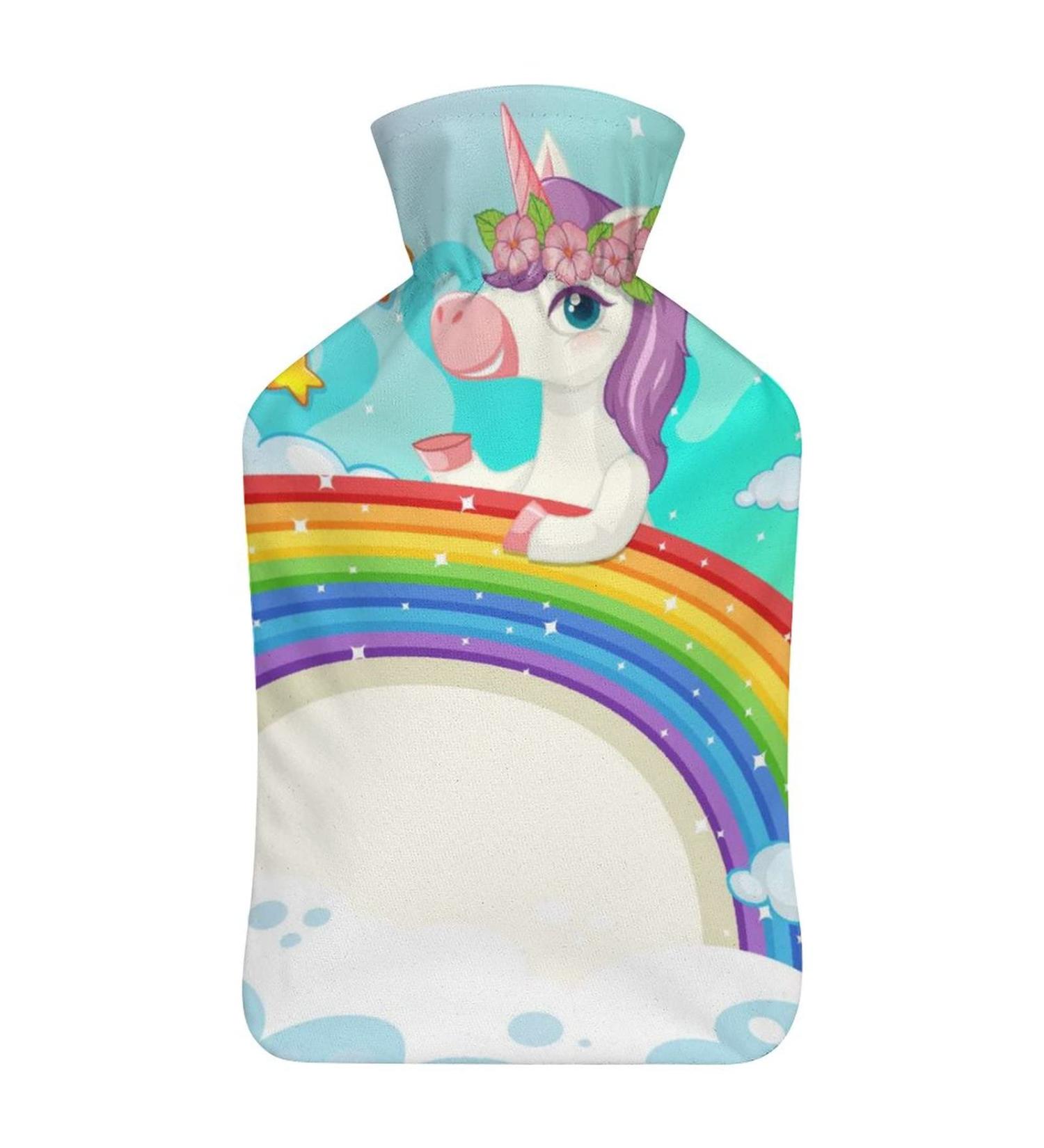 Rainbow Unicorn Hot Water Bottle with Plush Cover - Hand Warmer for Kids & Adults | 26.5x15.3cm | International Shipping Available - Buy Online on GoSupps.com