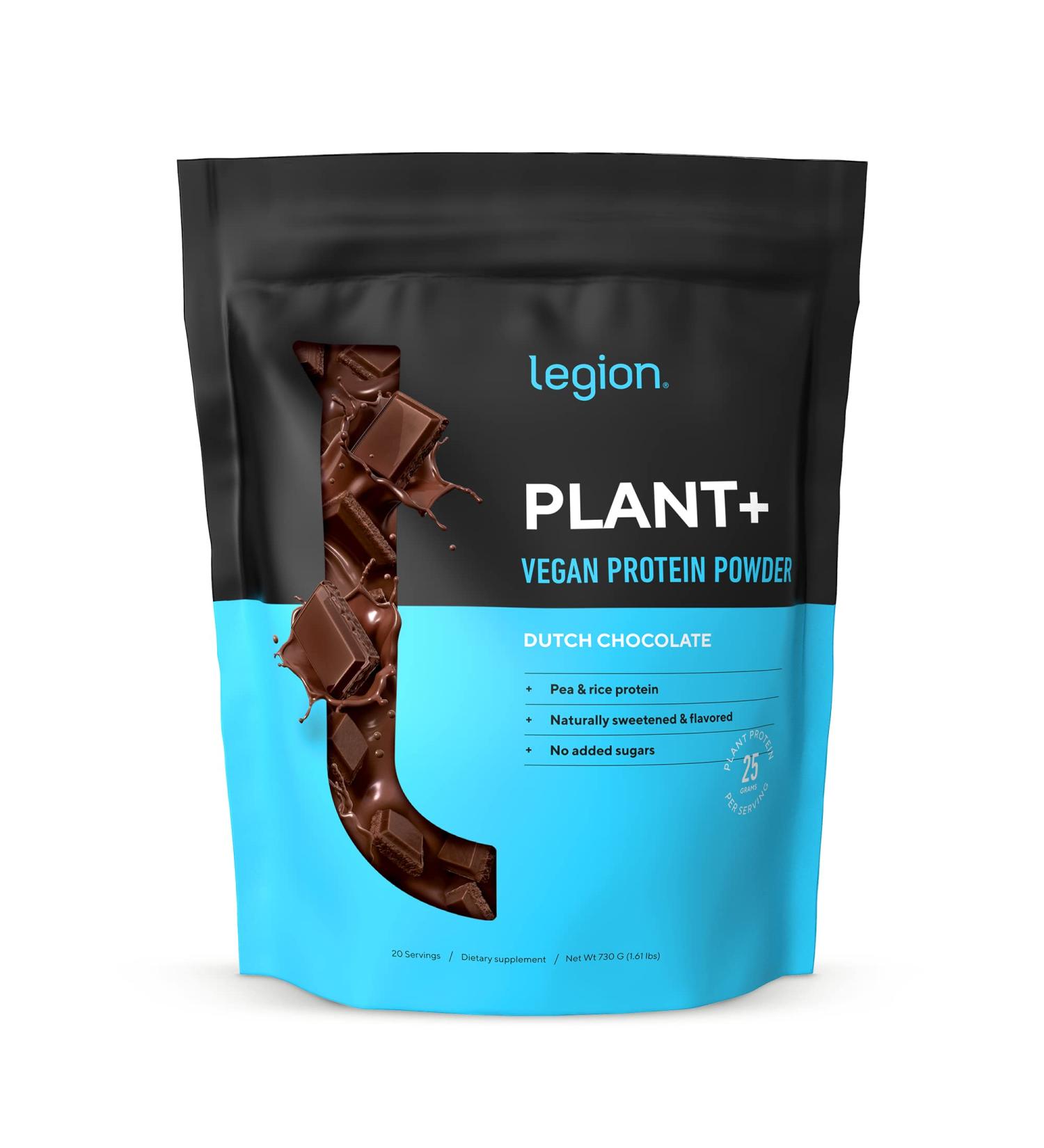 Legion Plant+ Chocolate Vegan Protein Powder - Rice and Pea Blend | Gluten & GMO Free, Naturally Sweetened | 20 Servings - 1.61 lbs - Buy Online on GoSupps.com
