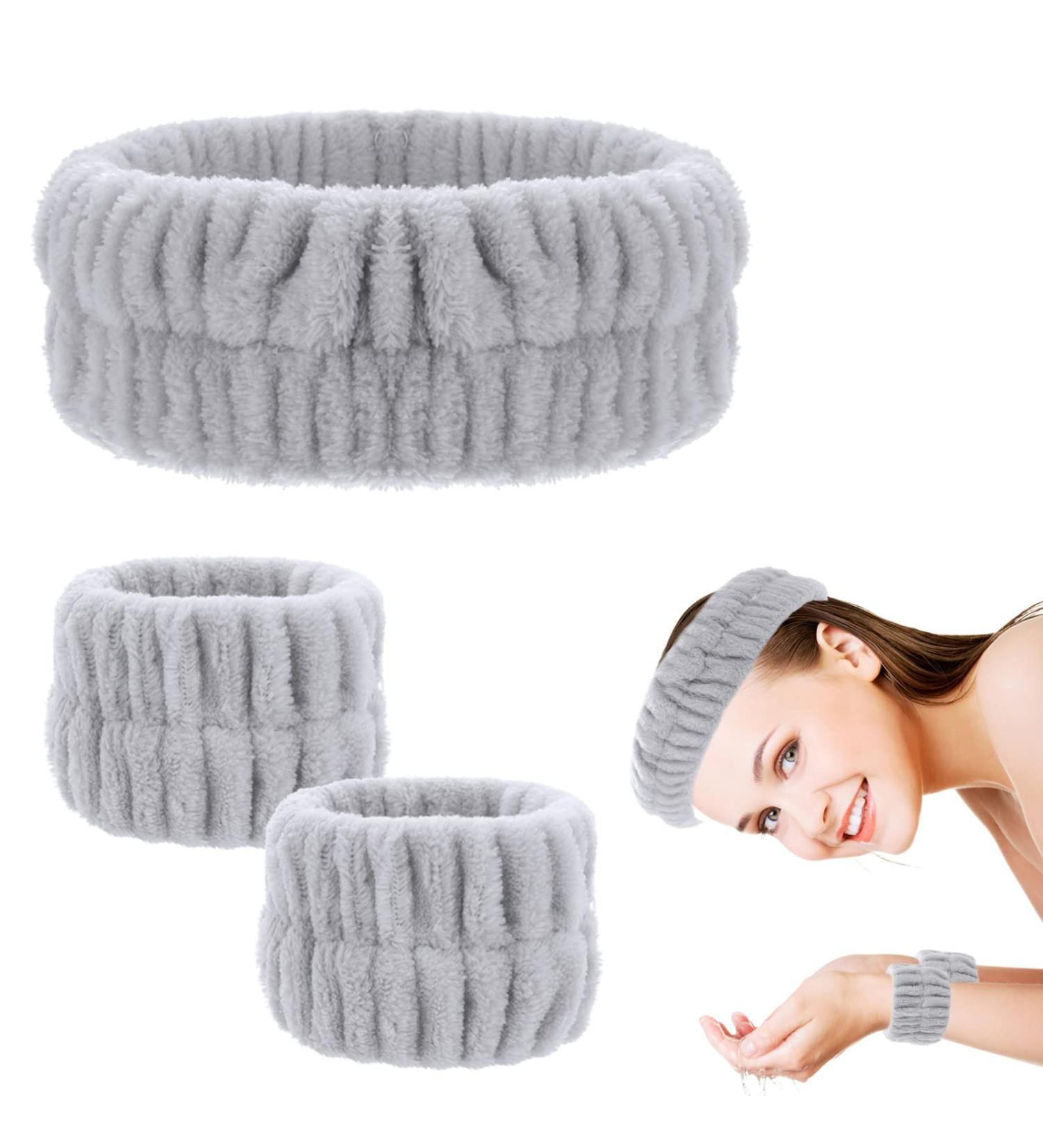 Microfiber Spa Headband and Wrist Washband Set - Grey | Adjustable Head Wraps for Women and Girls - Prevent Liquid Spills - Buy Online on GoSupps.com