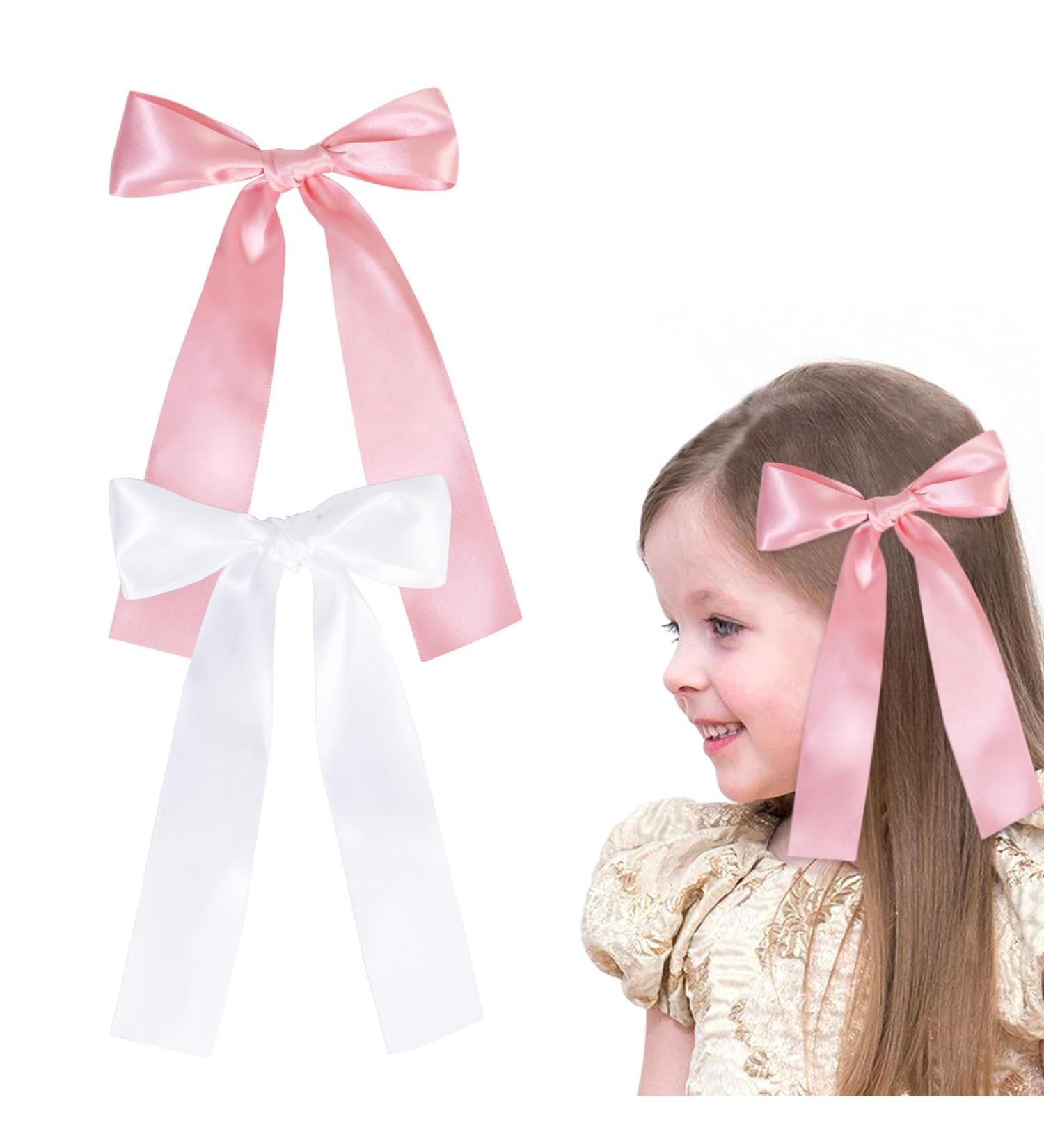 2 Pack Hair Bows for Girls and Women Large Bow Hair Clips Hair Barrette with Long Silky Satin Hair Accessories for Girls(White Pink) - Buy Online on GoSupps.com